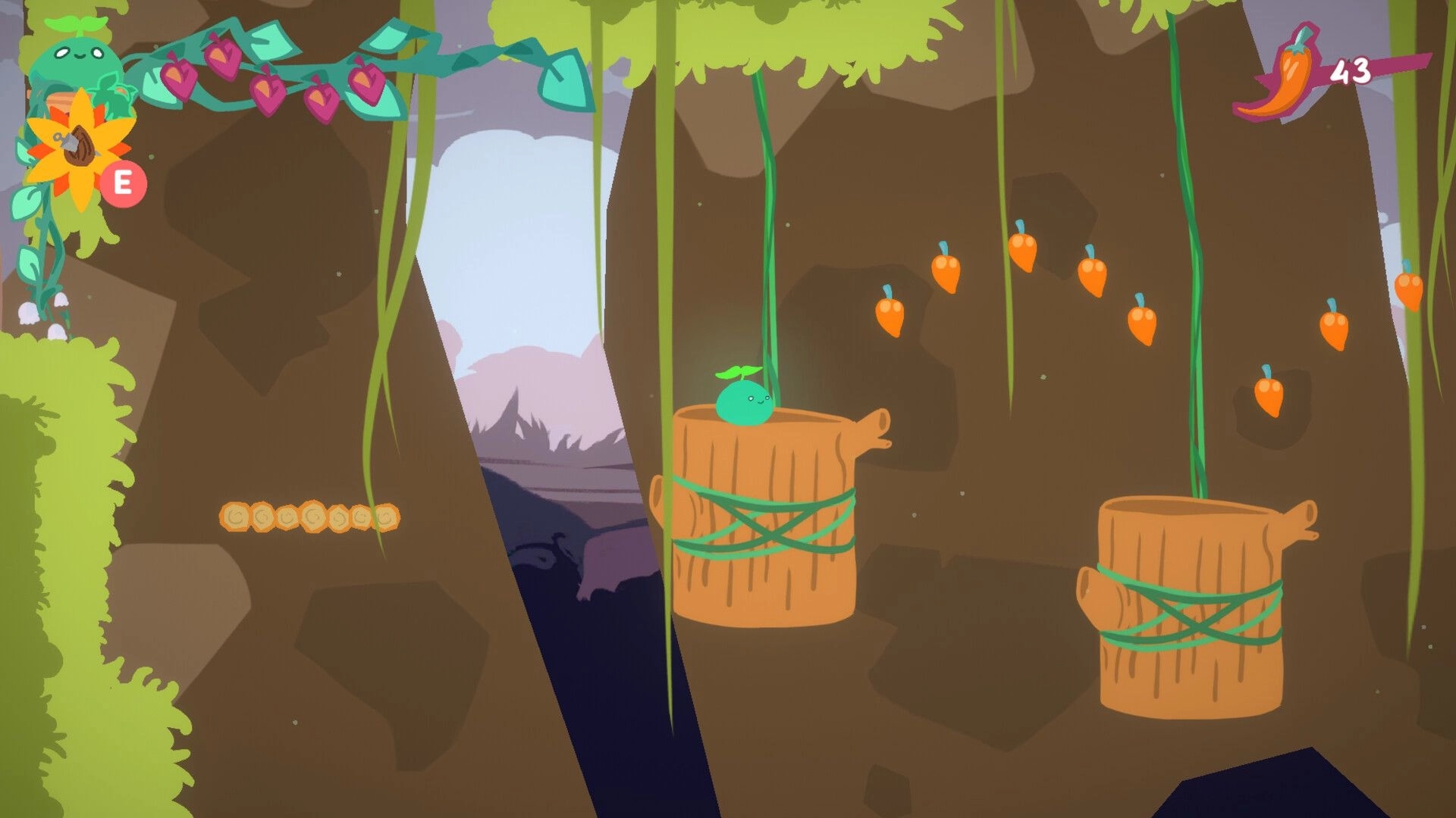 Botanica: Green creature on stump platform collects orange fruits in lush cave environment with UI icons