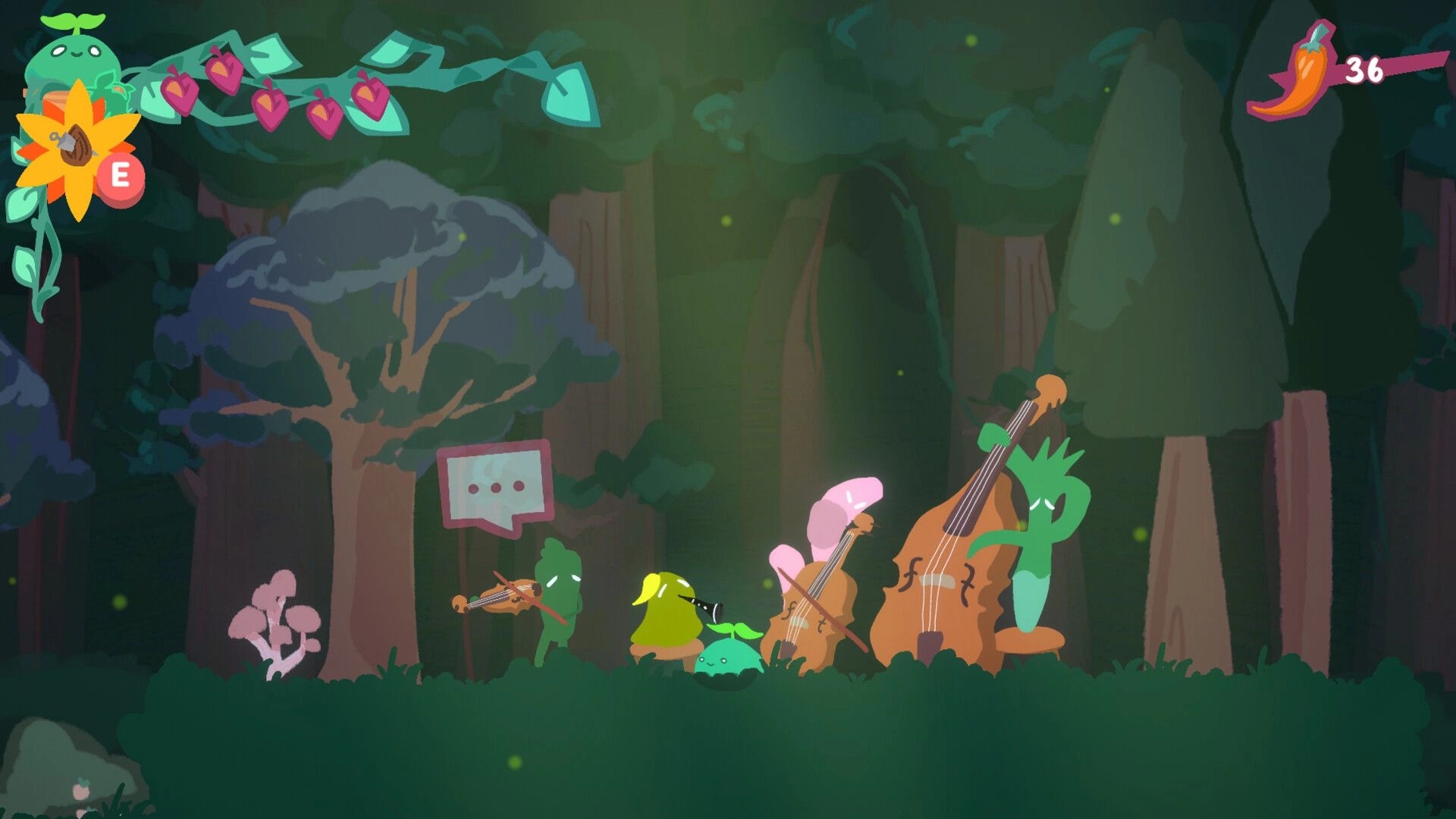 Botanica: Plant characters playing instruments in a vibrant forest with heart and chili UI elements