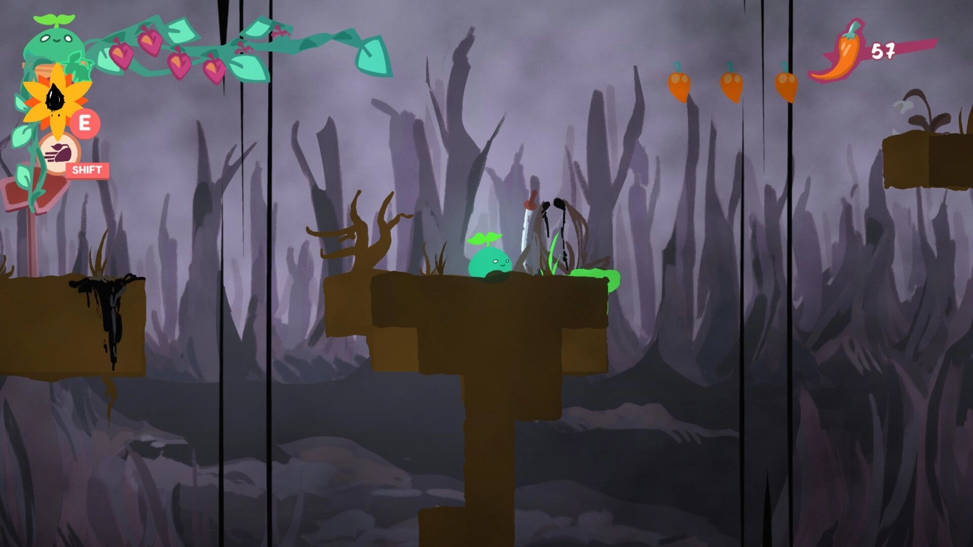 Botanica: Player character on a platform with UI showing health and collectibles in a dark forest setting