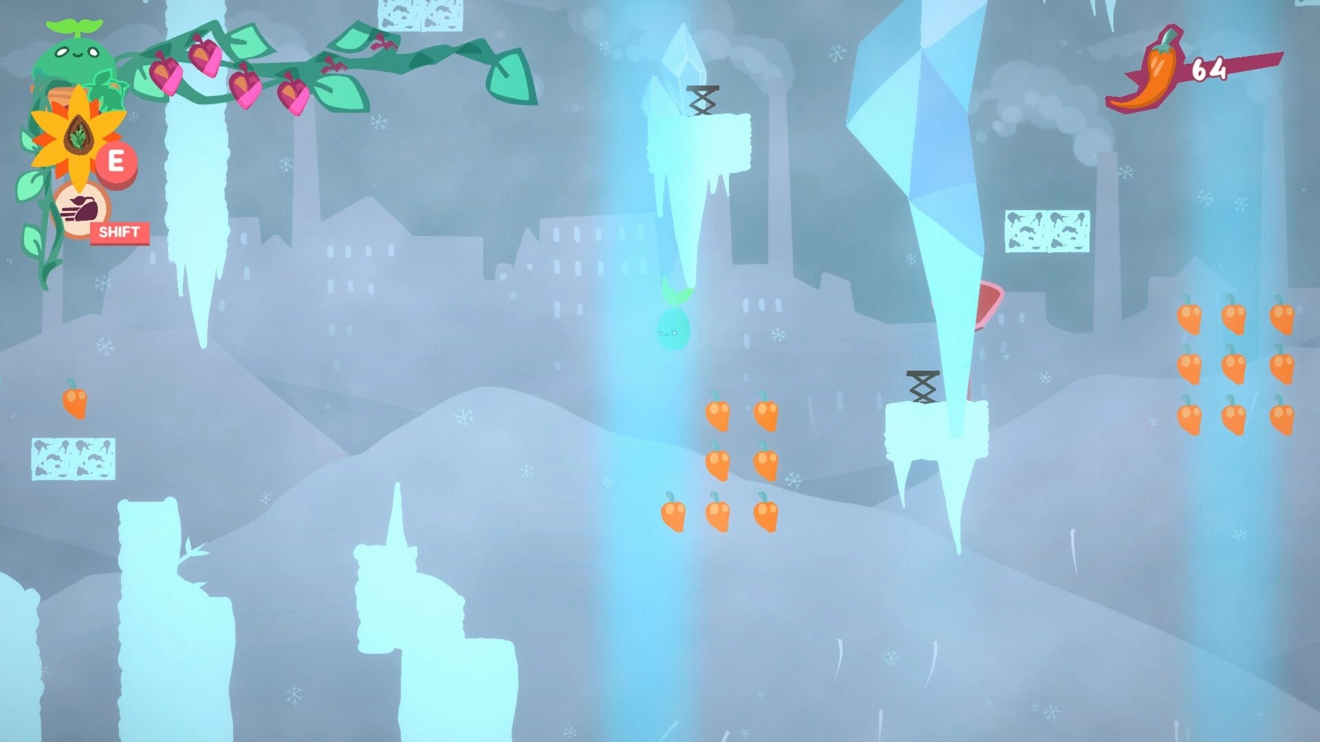 Botanica: Character navigating icy platform environment with floating fruits and UI elements displayed