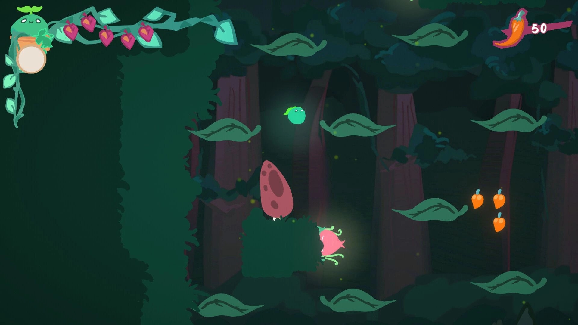 Botanica: Leaf hopping platforming with floating fruits in a dark forest, player character at top left