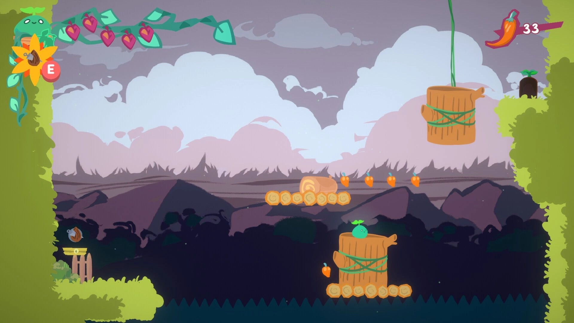 Botanica: Player character navigates platforms collecting carrots in a lush, mountainous landscape.