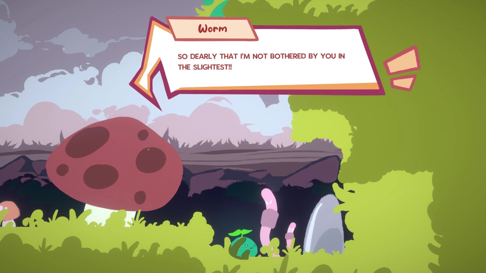 Botanica: Dialogue with Worm character in lush green forest clearing with large spotted mushroom nearby