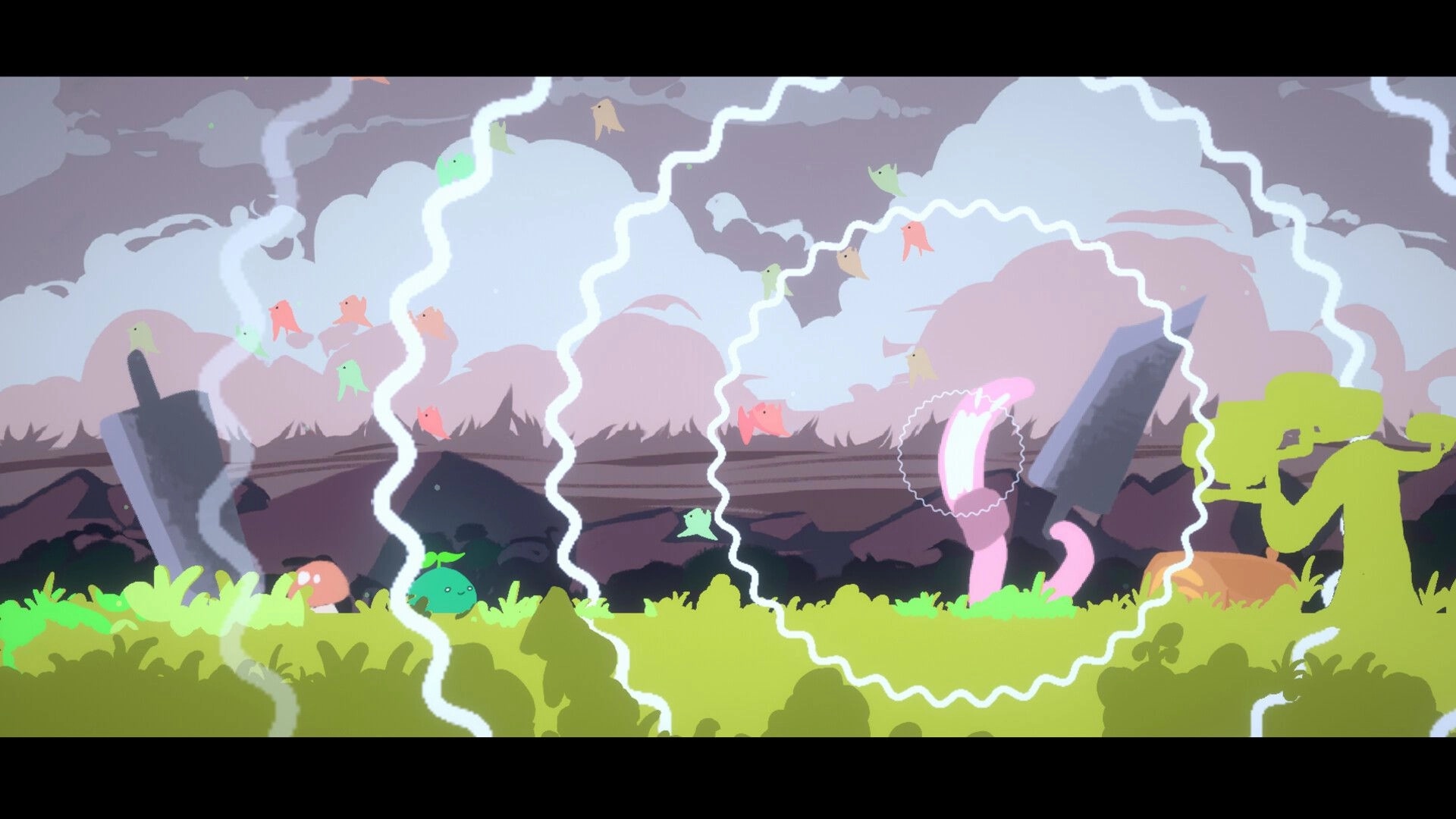 Botanica: Sentient plants in a vivid landscape with swirling energy and towering stone structures