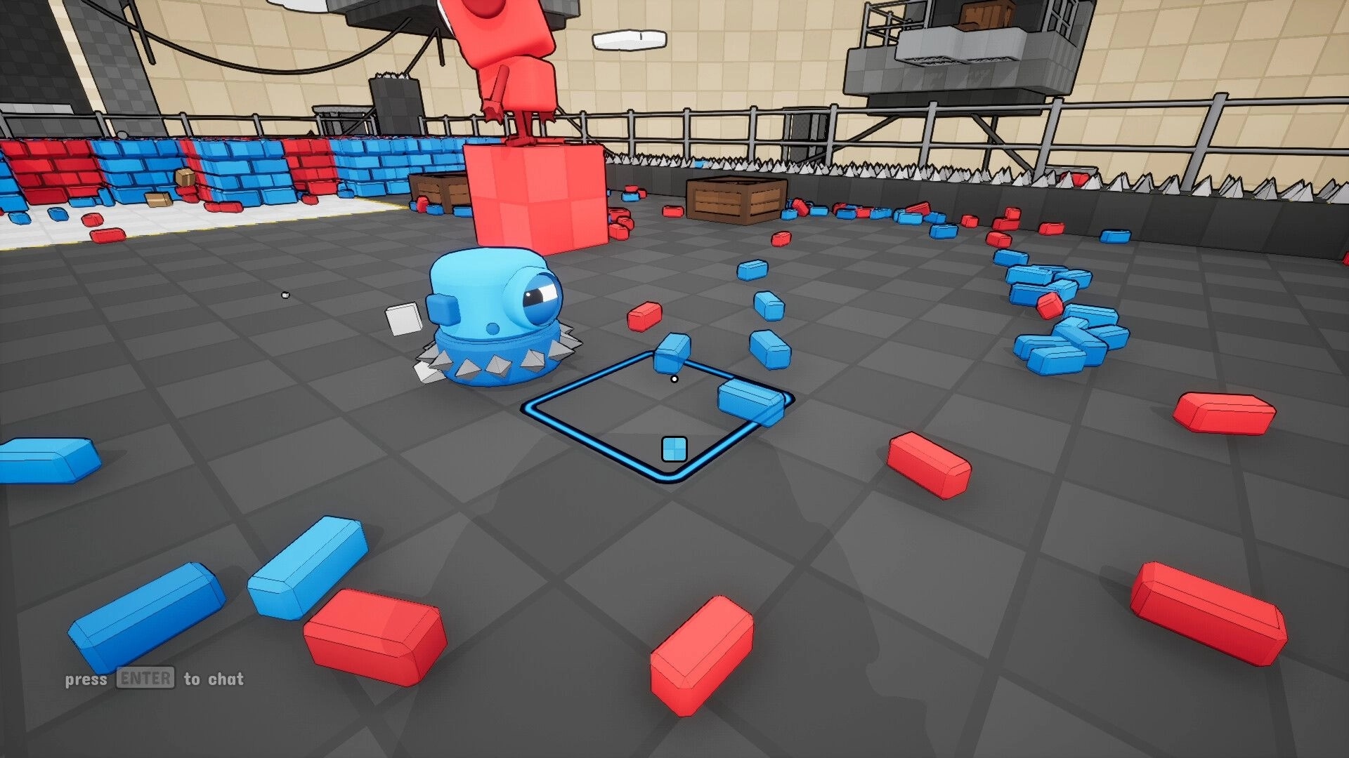 BOTCLOPS: Blue one-eyed robot amid scattered red and blue blocks in a fenced arena with chat prompt.
