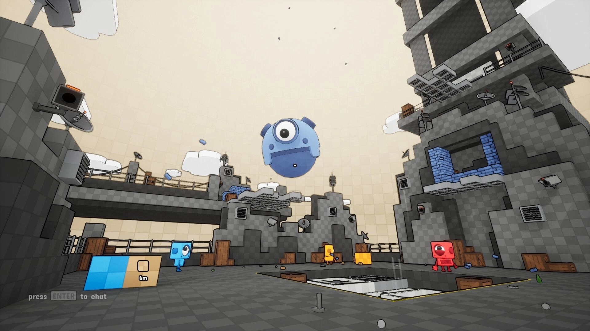 BOTCLOPS: Three blocky robots in a gray arena as a giant one-eyed bot hovers overhead, UI block meter visible.