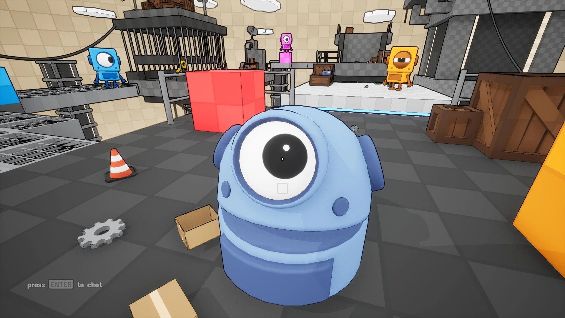 BOTCLOPS: Close-up one-eyed blue robot in blocky warehouse level with crates, red block, chat prompt.