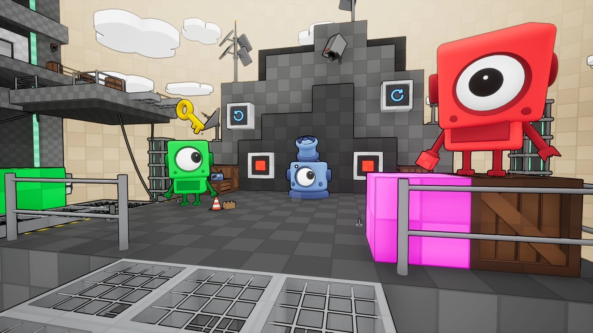 BOTCLOPS: Three one-eyed robots by a gray wall with buttons and glowing blocks in an industrial yard.