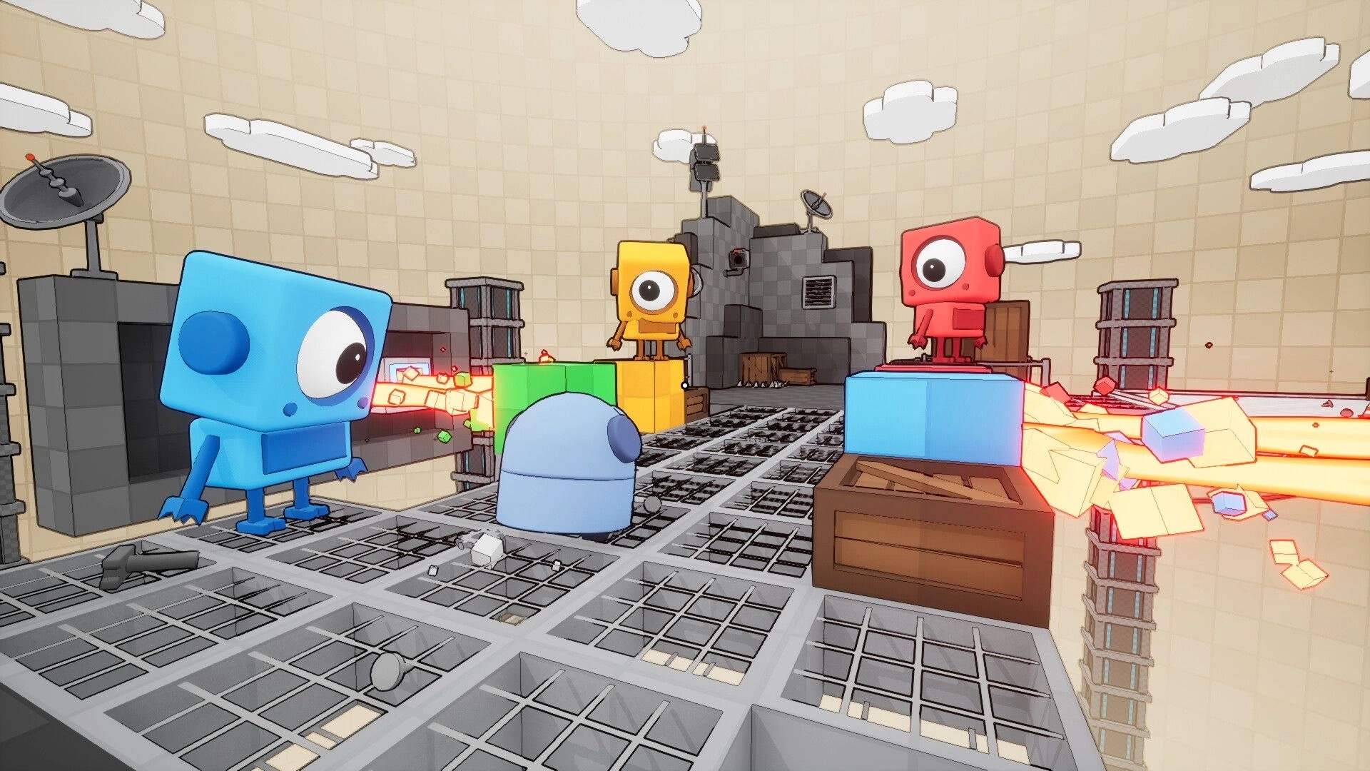 BOTCLOPS: One-eyed robots fire glowing lasers across block platforms in a tiled sci-fi arena room.