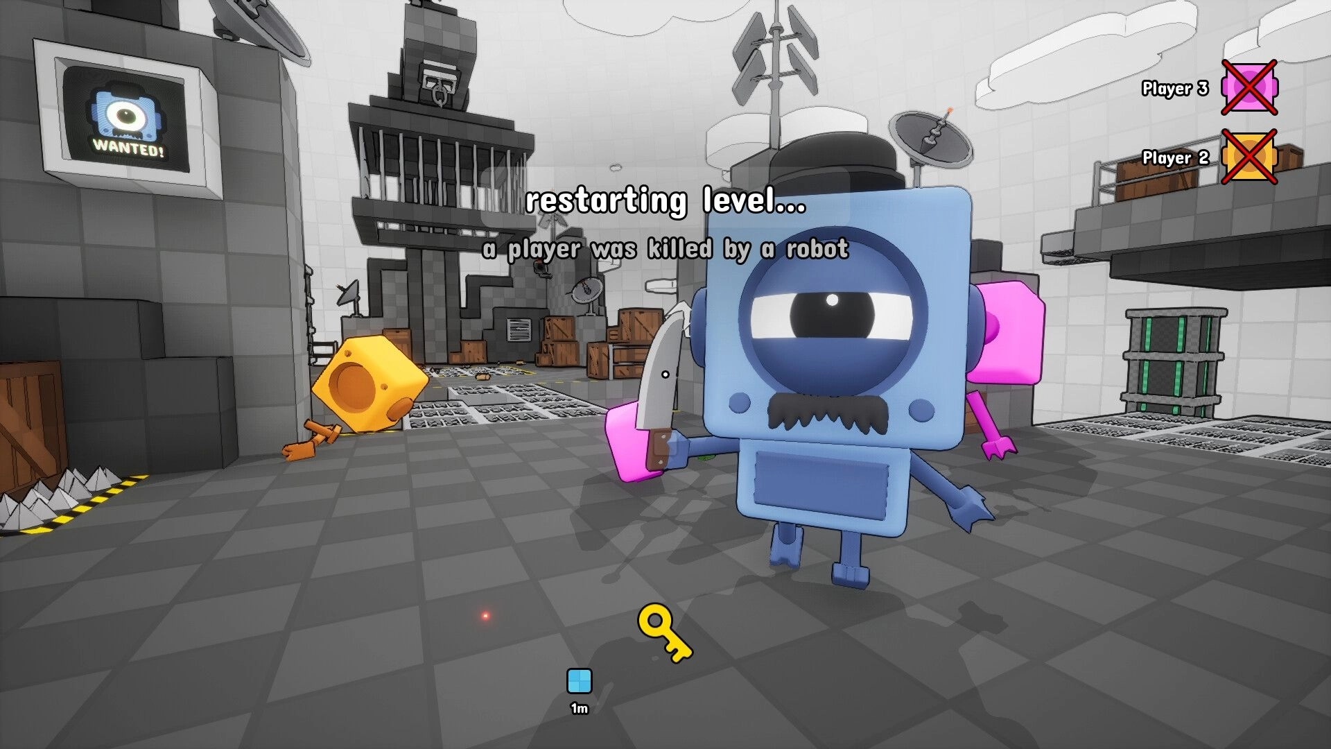 BOTCLOPS: Restarting level message over one-eyed robot with knife in gray industrial room UI icons.