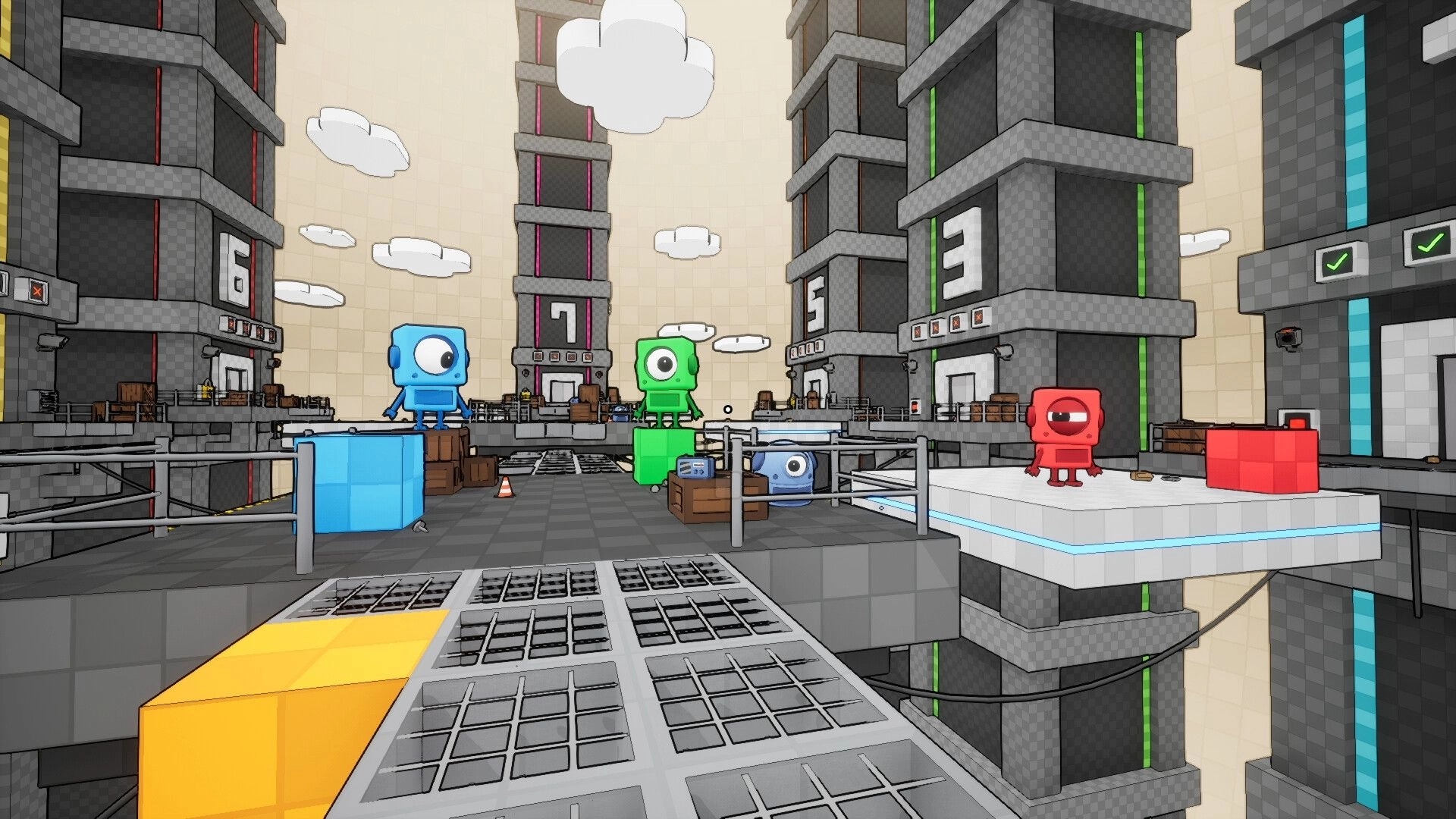 BOTCLOPS: Four one-eyed robots on platforms with colored blocks in a gray tower city level.