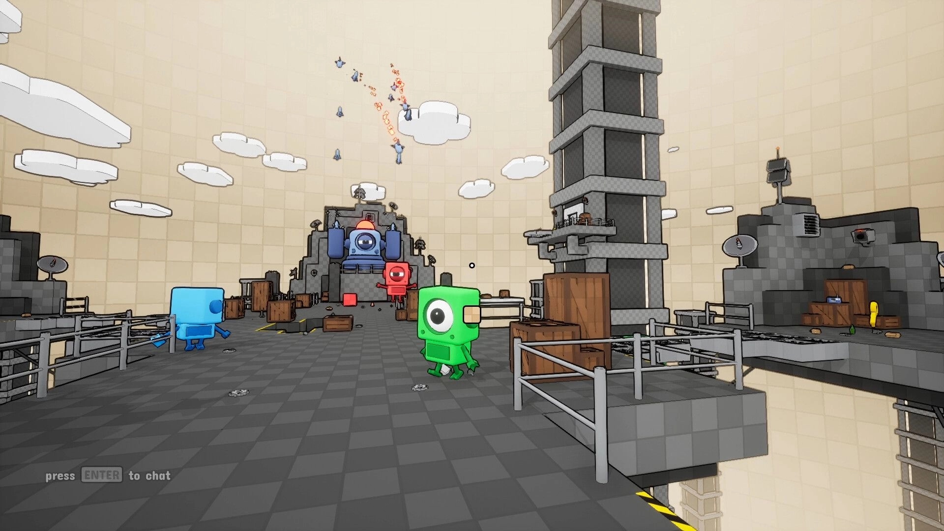 BOTCLOPS: One-eyed green robot walks past crates on rooftop platforms as drones fly overhead nearby.