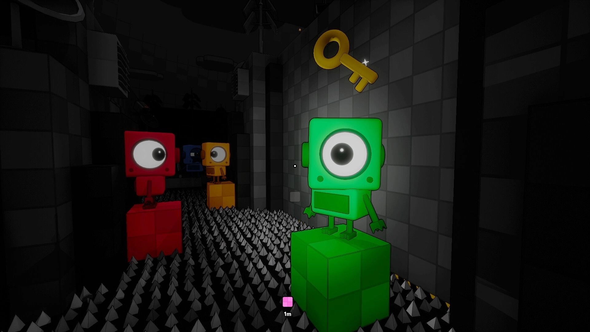 BOTCLOPS: Three one-eyed robots on blocks above spikes, chasing a floating key in dark tiled maze.