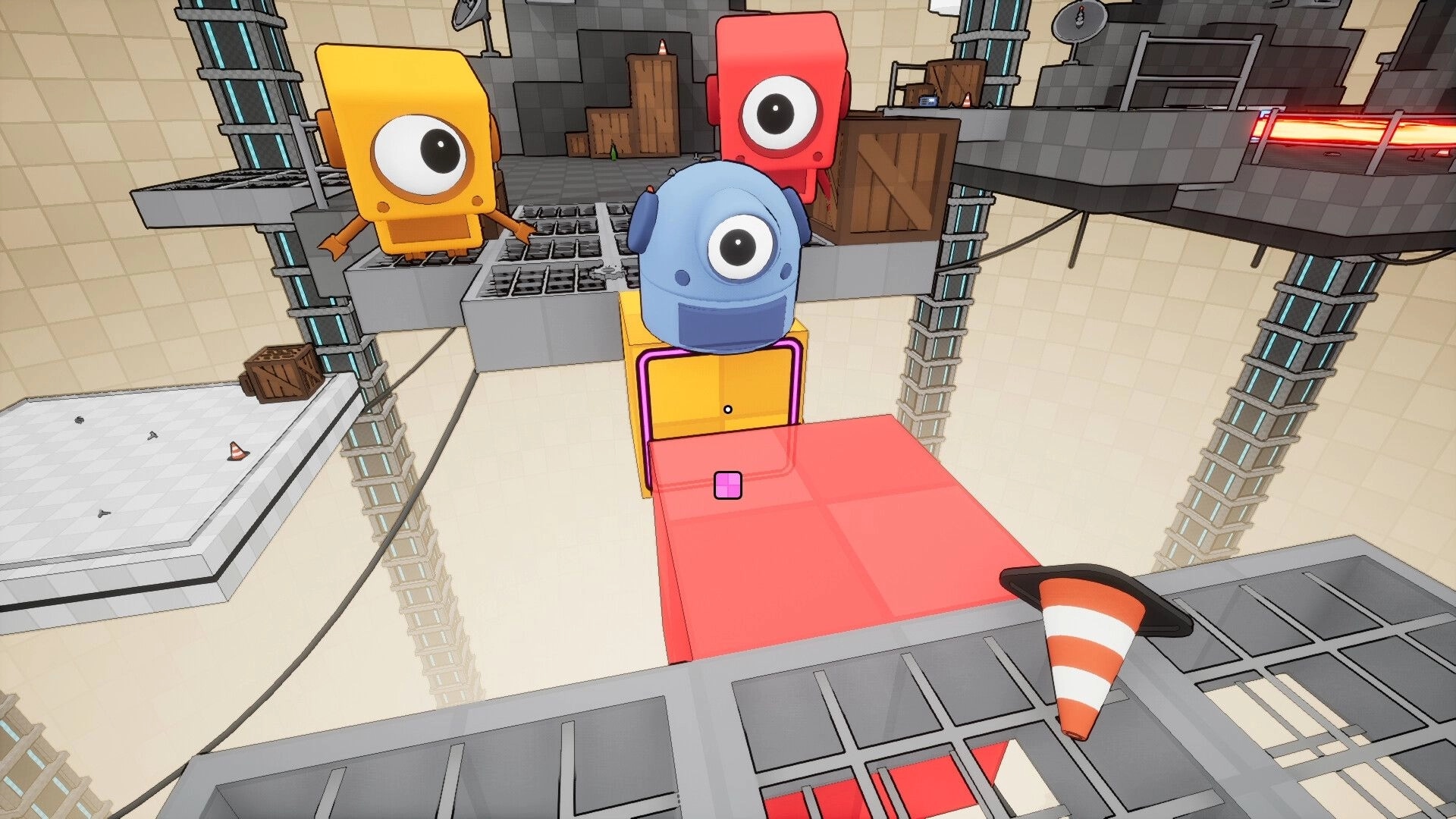 BOTCLOPS: Three one-eyed bots stack on colored blocks amid metal platforms, crates, and lasers.