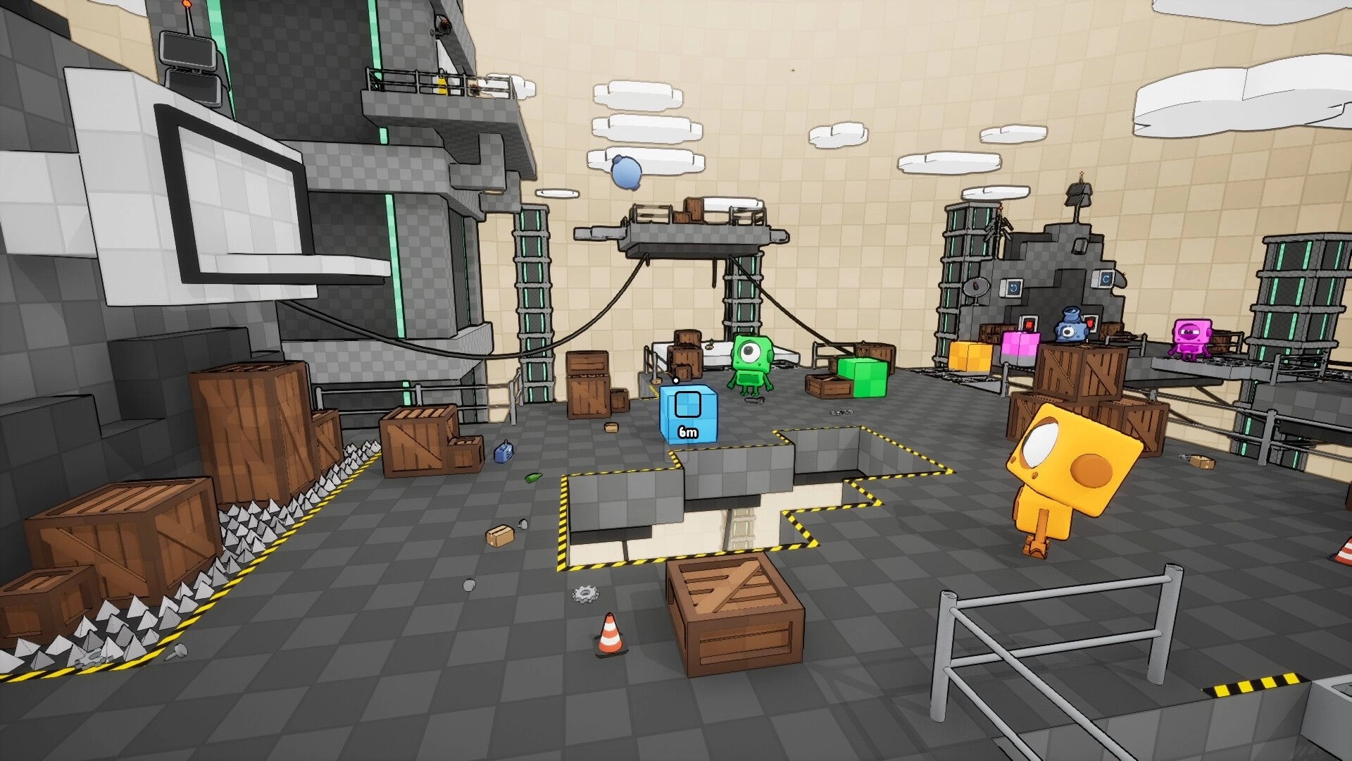 BOTCLOPS: One-eyed robots navigate crates and blocks around a hazard pit in an industrial room.