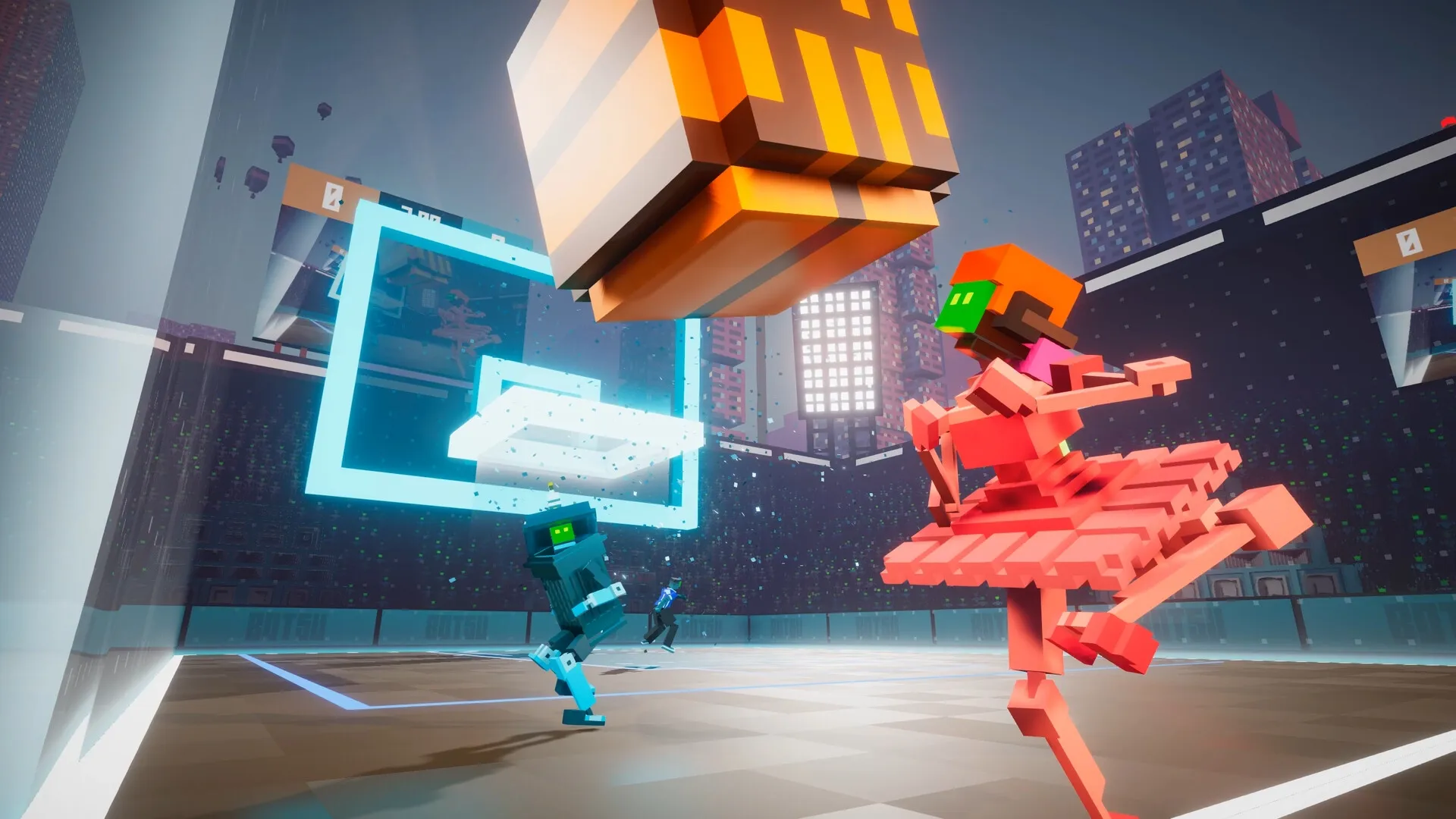 BOTSU: Two robots compete in a futuristic arena, aiming to score with a giant block under neon lights.