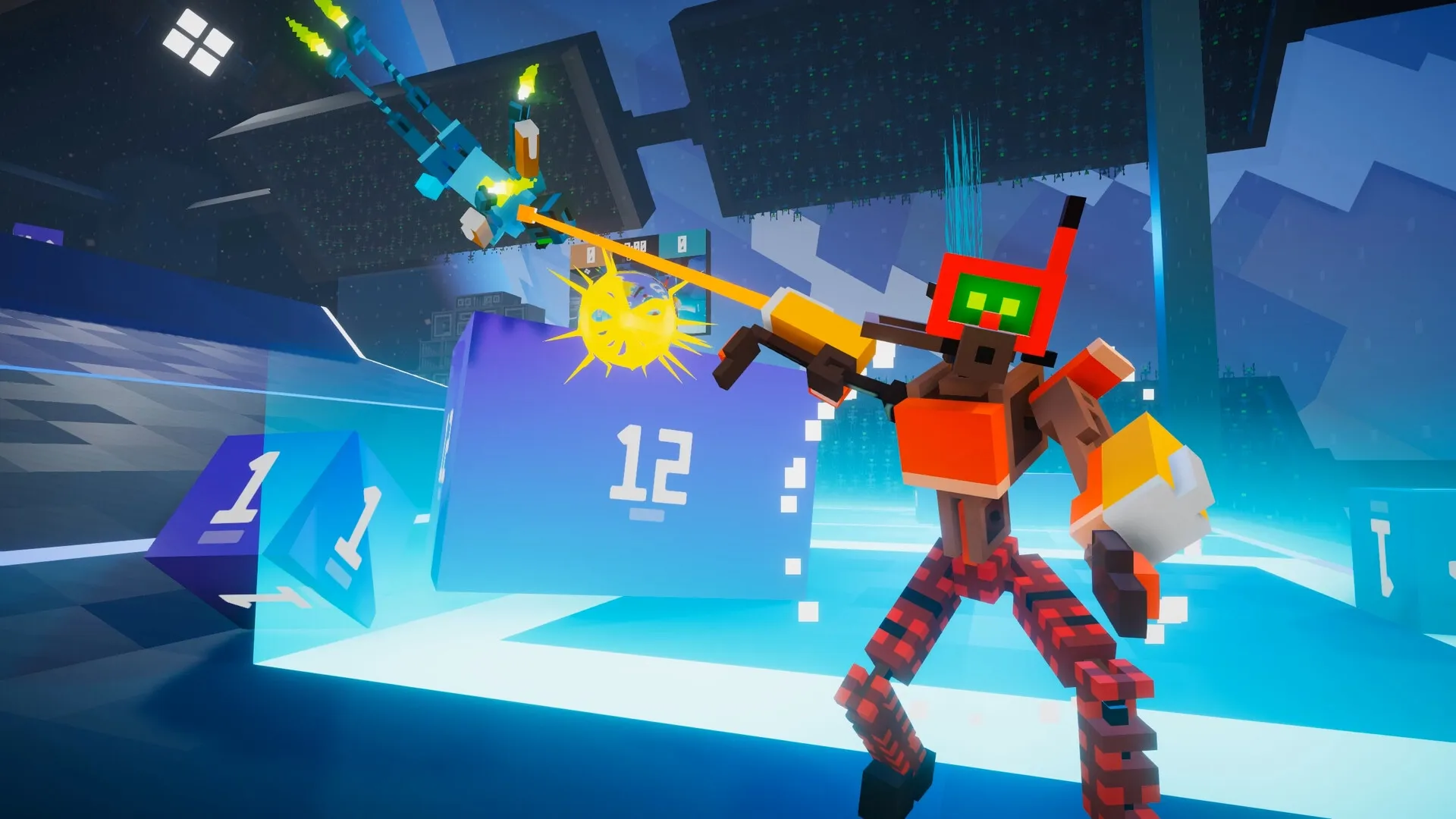 BOTSU: Robot in orange suit shooting energy beam at opponent, futuristic arena with score display "12"