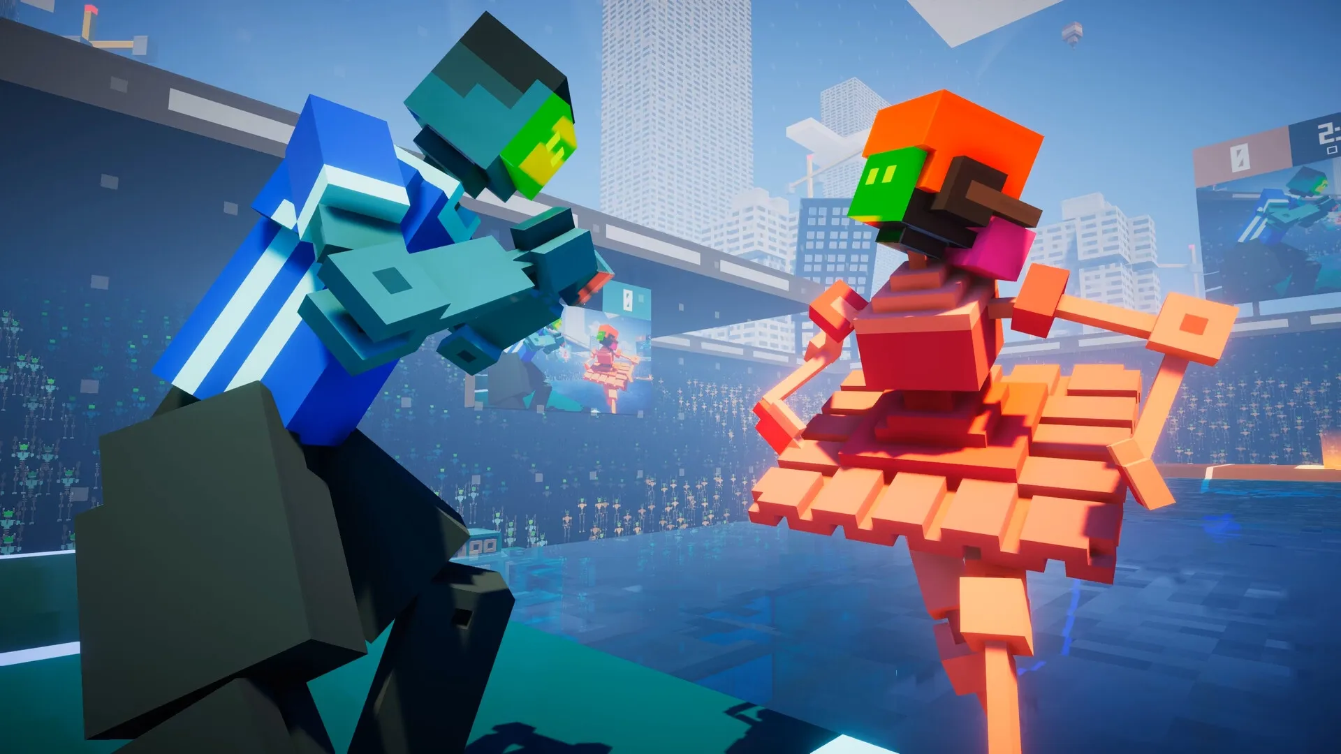 BOTSU: Two robots in intense combat in a futuristic arena with a cityscape background