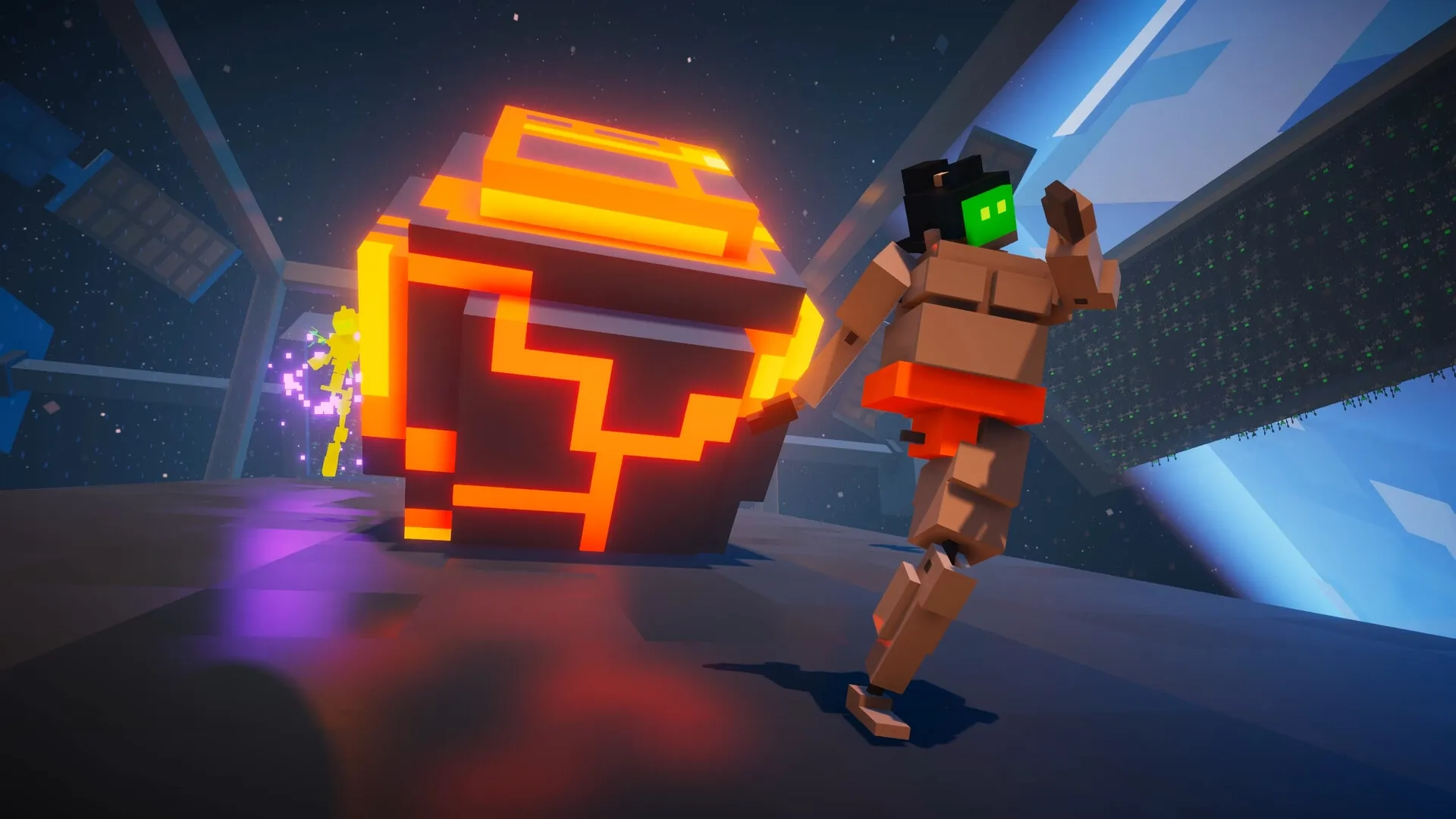 BOTSU: Robot running from glowing cube in futuristic arena with starry sky backdrop
