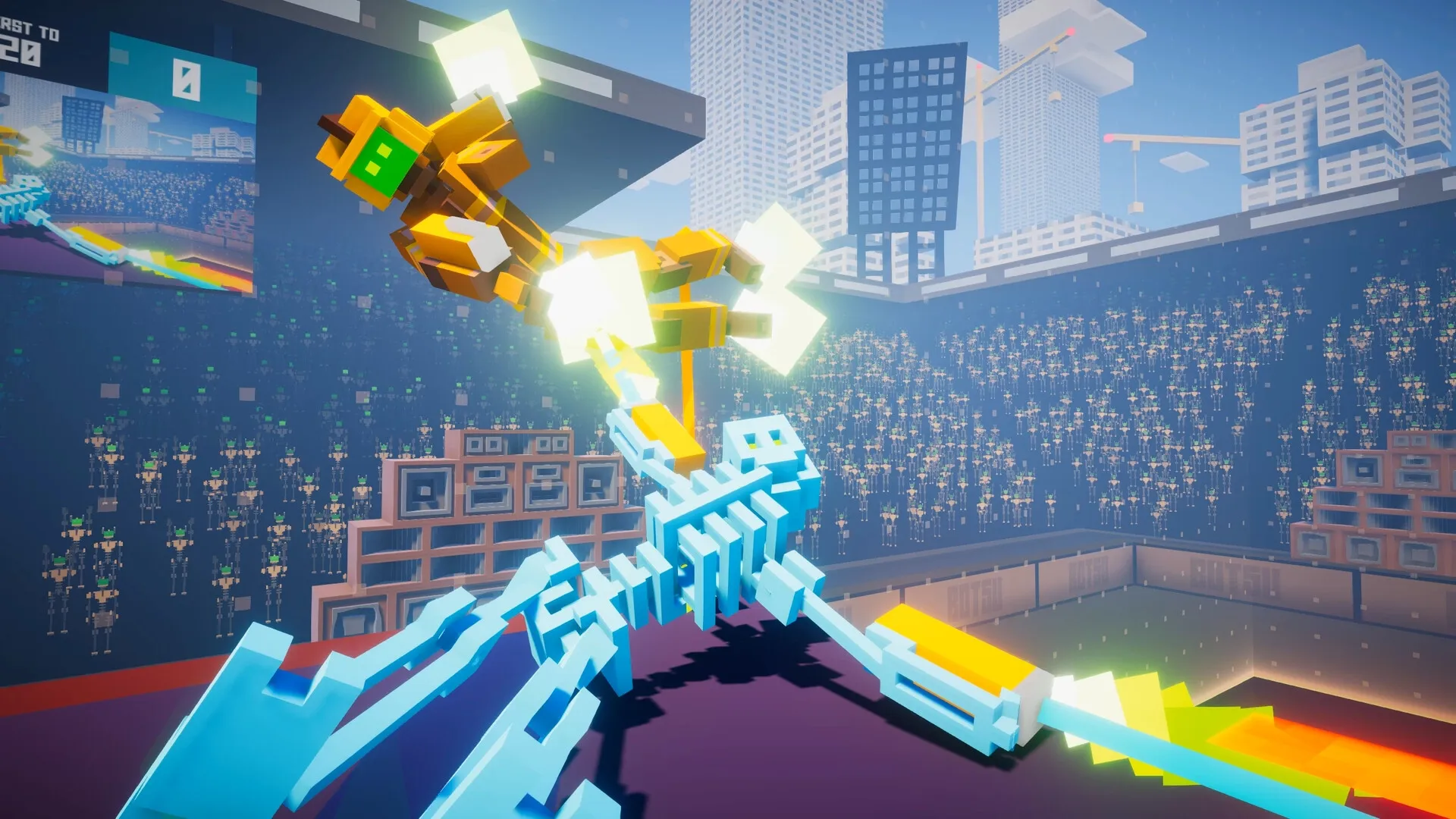 BOTSU: Two robots clash mid-air in a vibrant arena with a cheering crowd and scoreboards in the background.