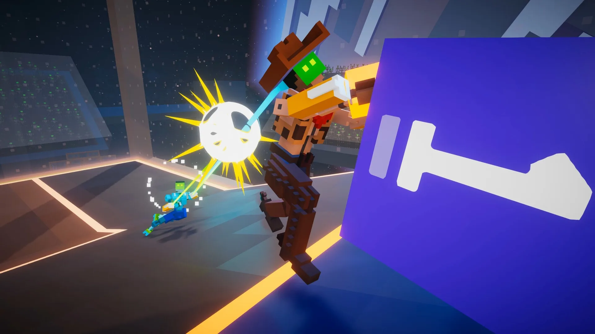 BOTSU: Ragdoll robots in mid-air collision on futuristic arena, with glowing orb and colorful effects