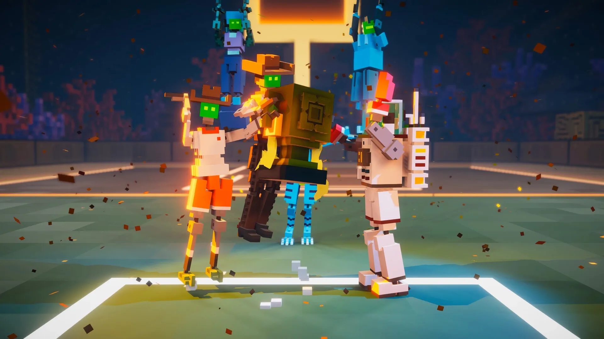 BOTSU: Four robots in vibrant outfits celebrating in a futuristic arena with confetti falling around them