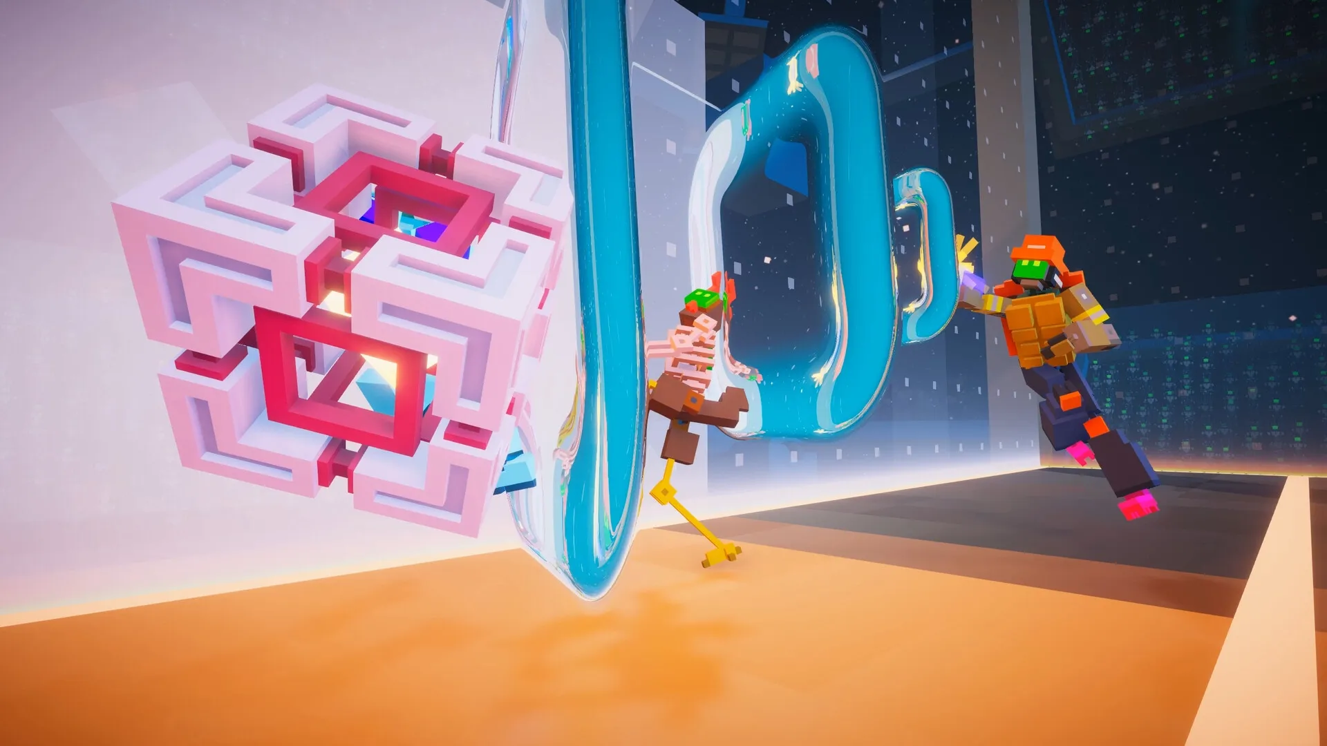 BOTSU: Two robots engage in dynamic battle, navigating obstacles in a colorful, futuristic arena.