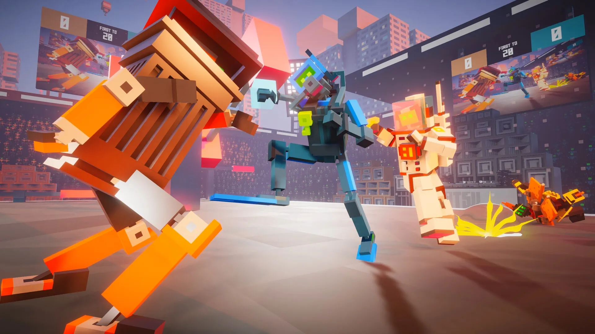 BOTSU: Three robots in mid-action during a colorful arena battle with scoreboards in the background