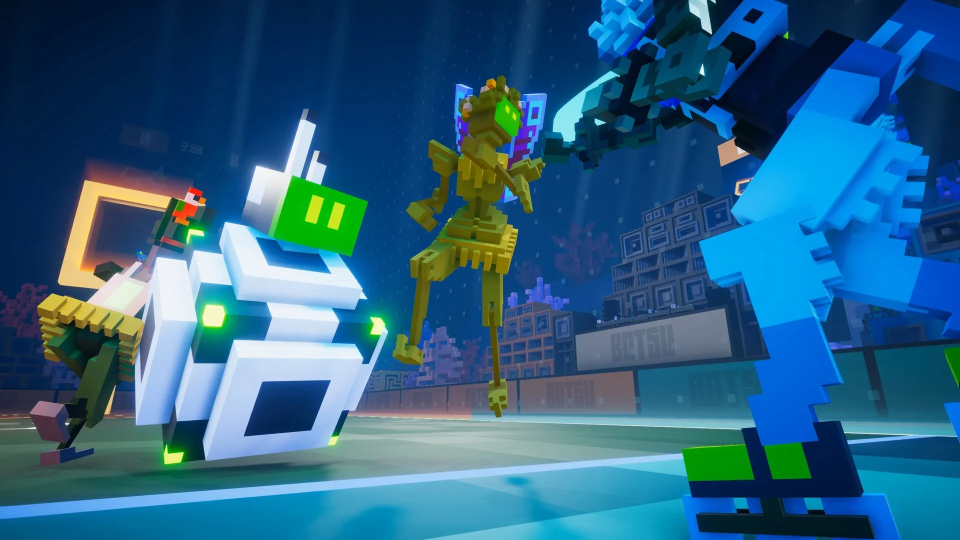 BOTSU: Colorful robots in a dynamic arena battle, each displaying unique designs and vibrant colors.