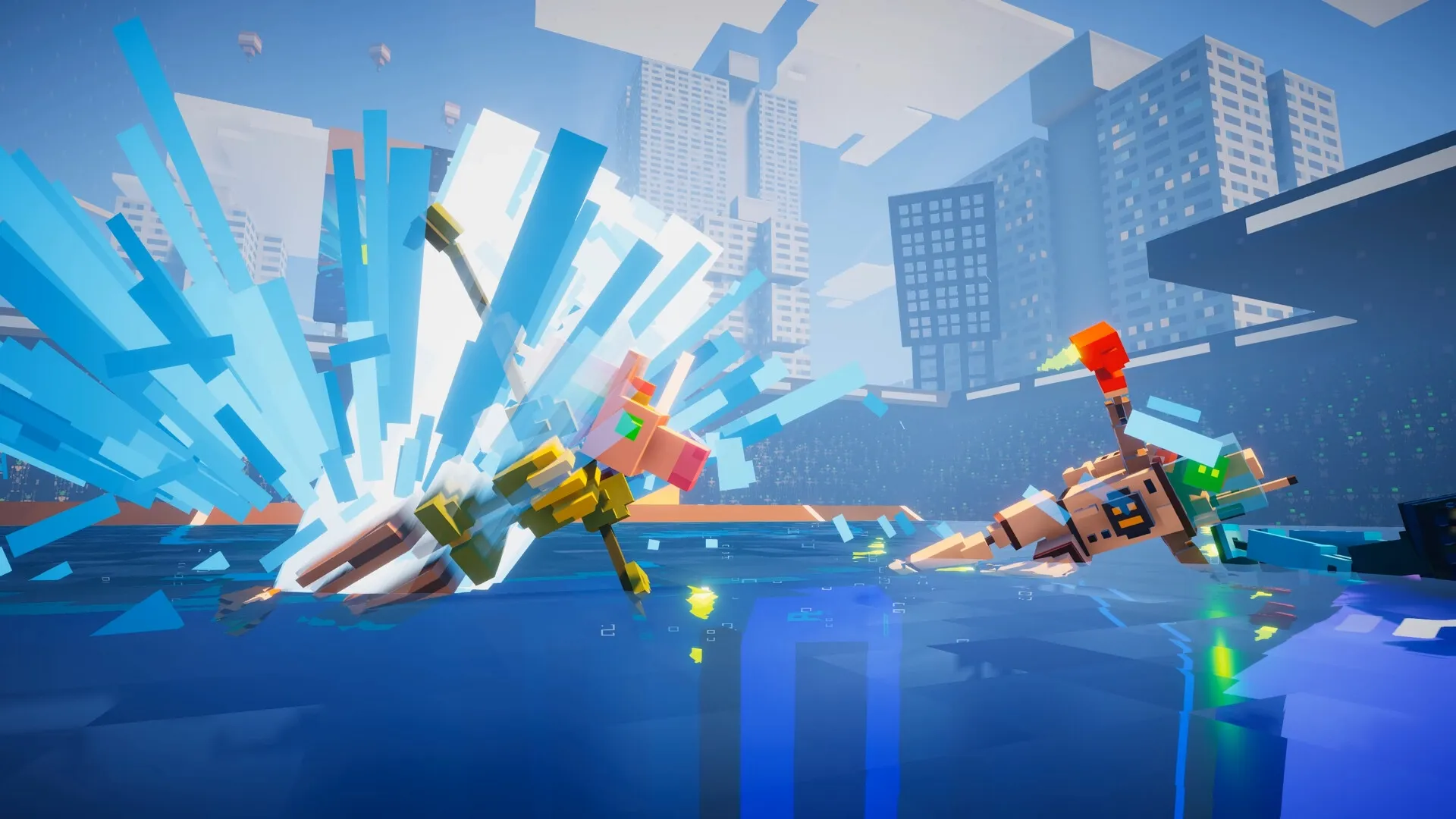 BOTSU: Two robots crash in a dynamic water arena with skyscrapers in the background.