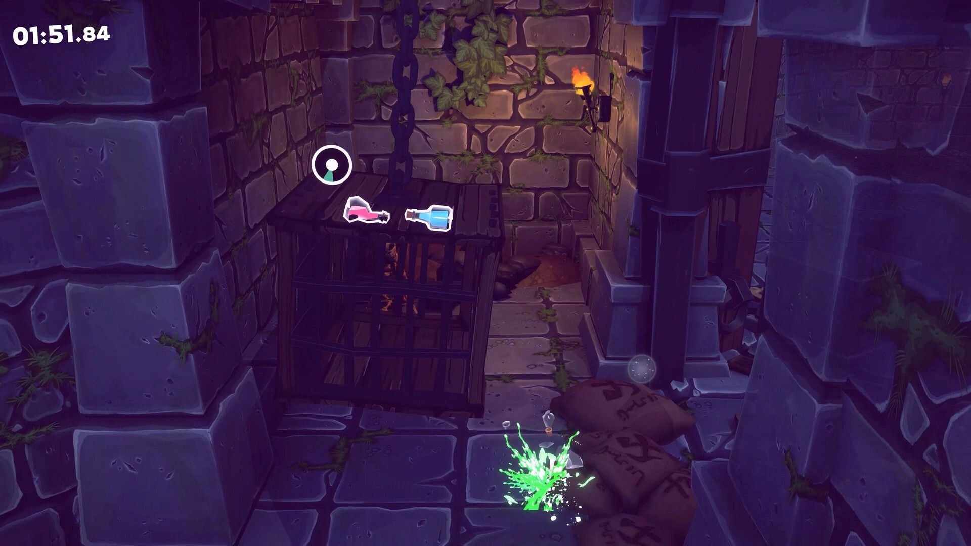 Bottle Cracks: Two bottles on a wooden crate above green splatter in a torchlit stone corridor