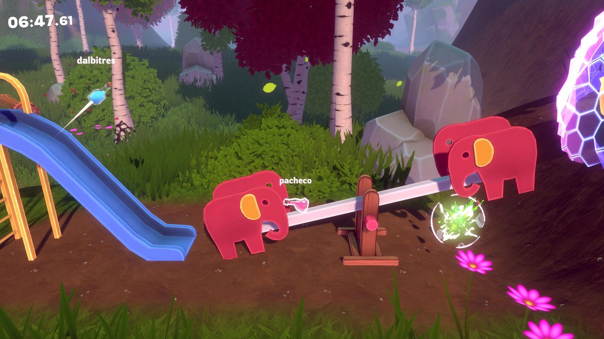 Bottle Cracks: Two player bottles balance on a seesaw by a slide in a forest playground level