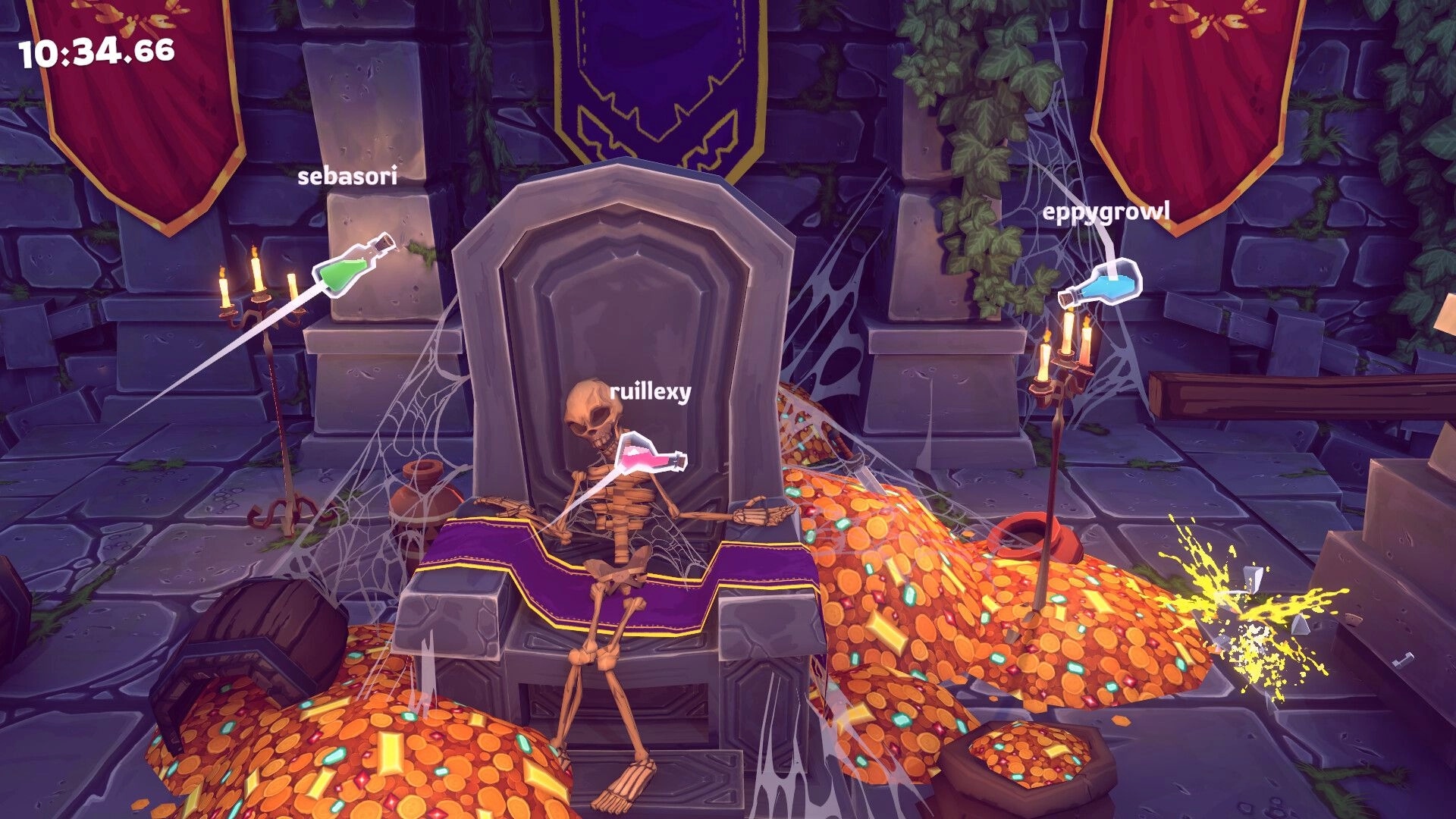 Bottle Cracks: Three player bottles aim at a skeleton on a throne in a cobwebbed castle vault