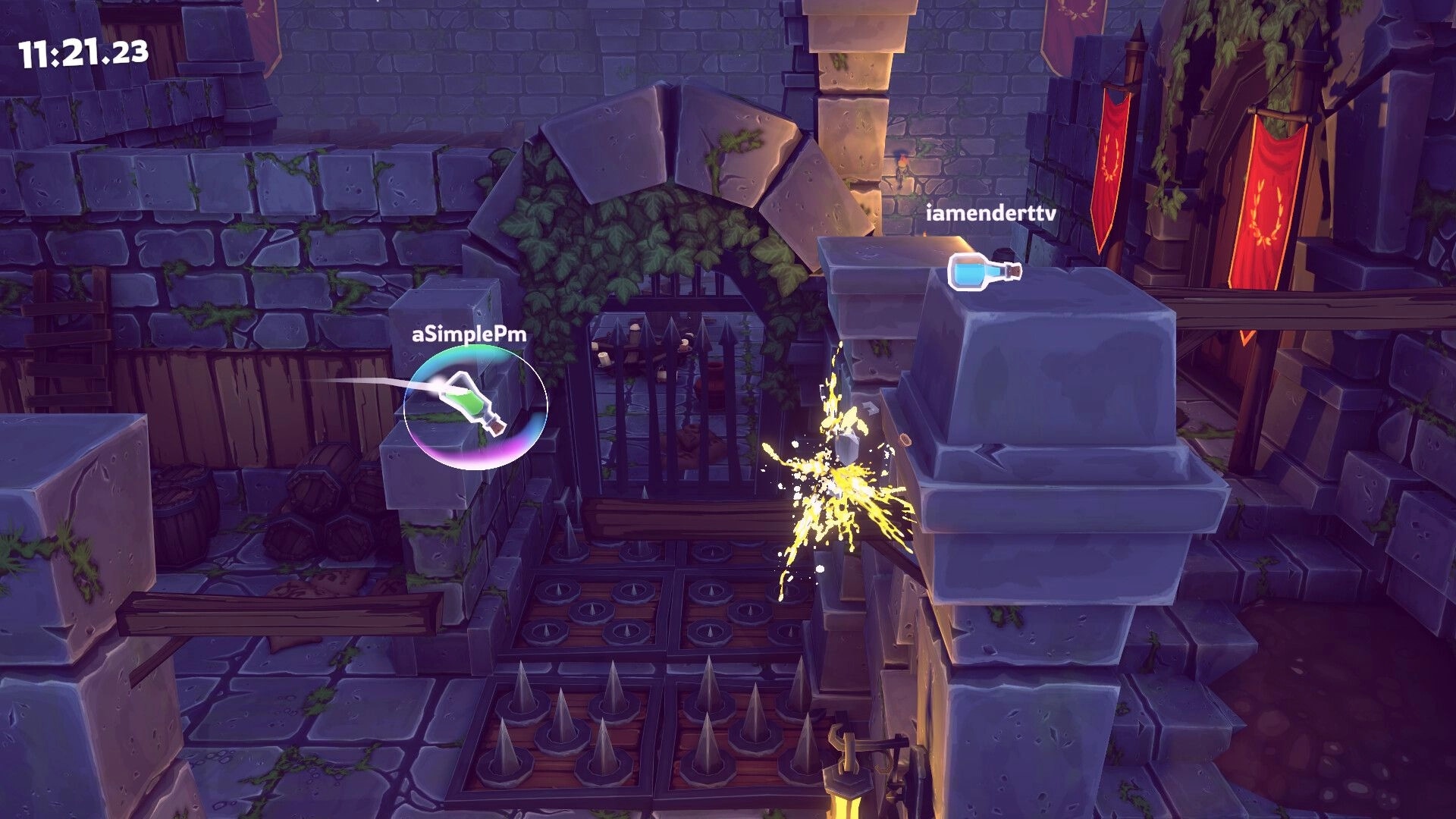 Bottle Cracks: Two player bottles jump past spike traps and sparks in a ruined stone castle corridor