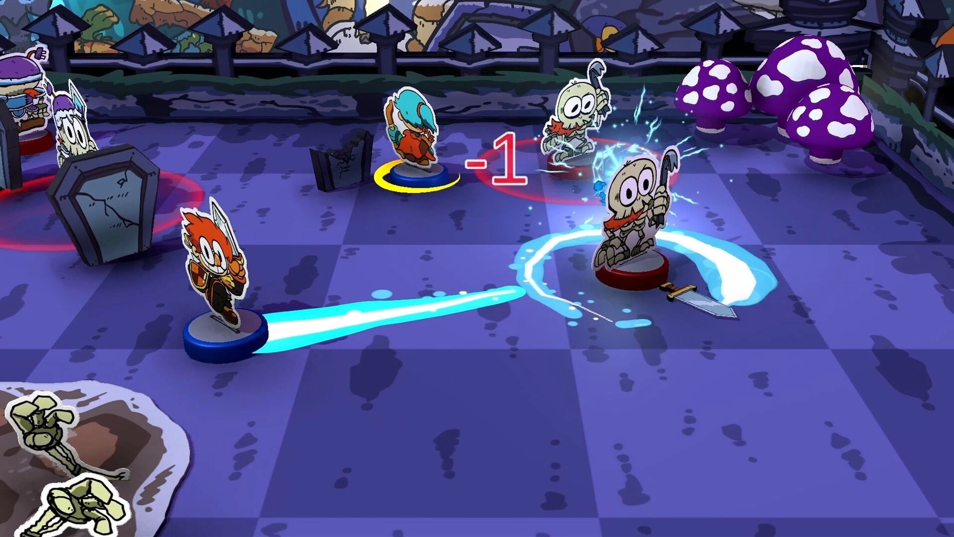 Bounce Castle: Heroes battle skeletons on a chessboard-like arena with vibrant mushrooms in background