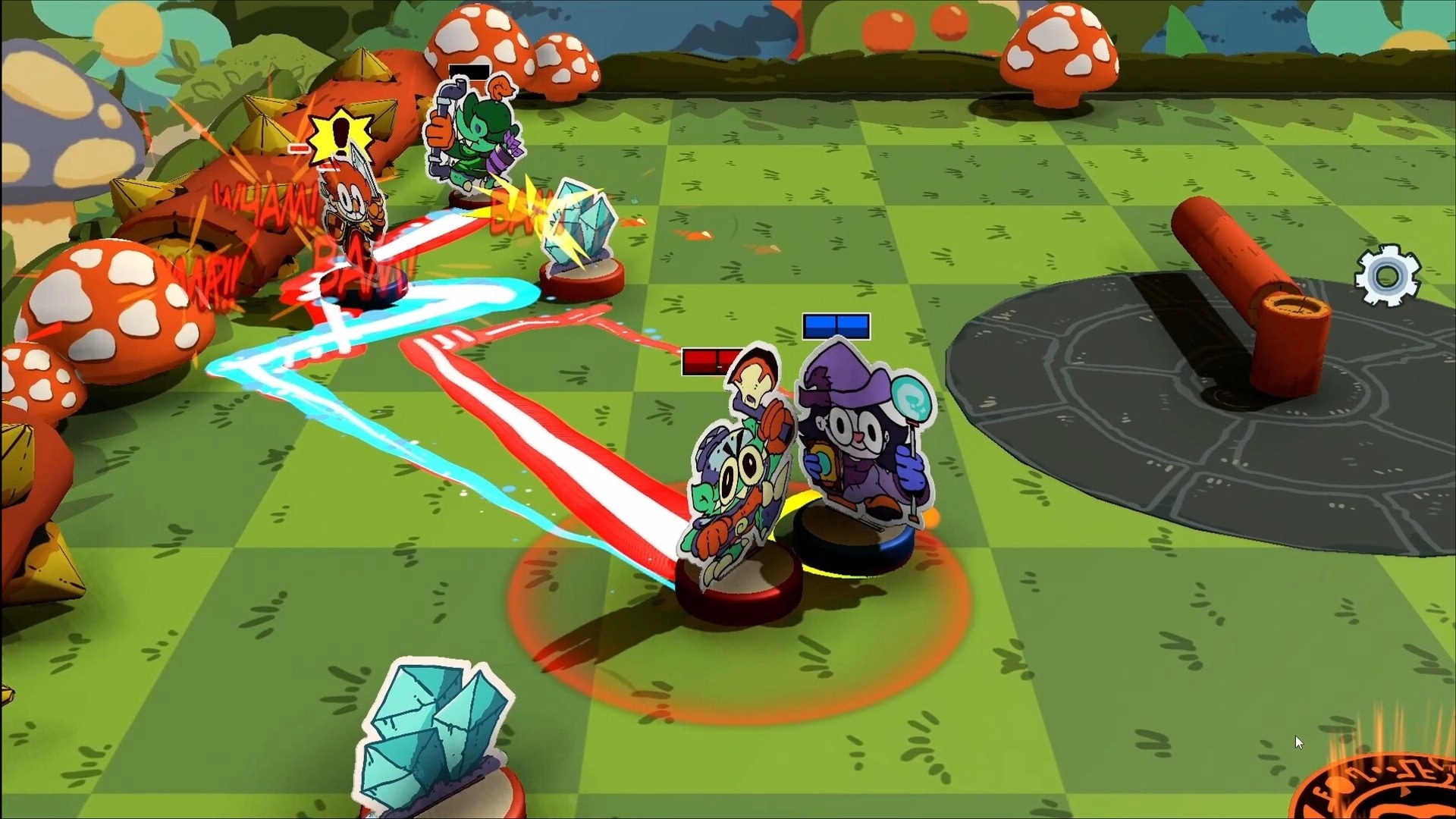 Bounce Castle: Heroes battling monsters on a grassy field with giant mushrooms and tactical overlays.