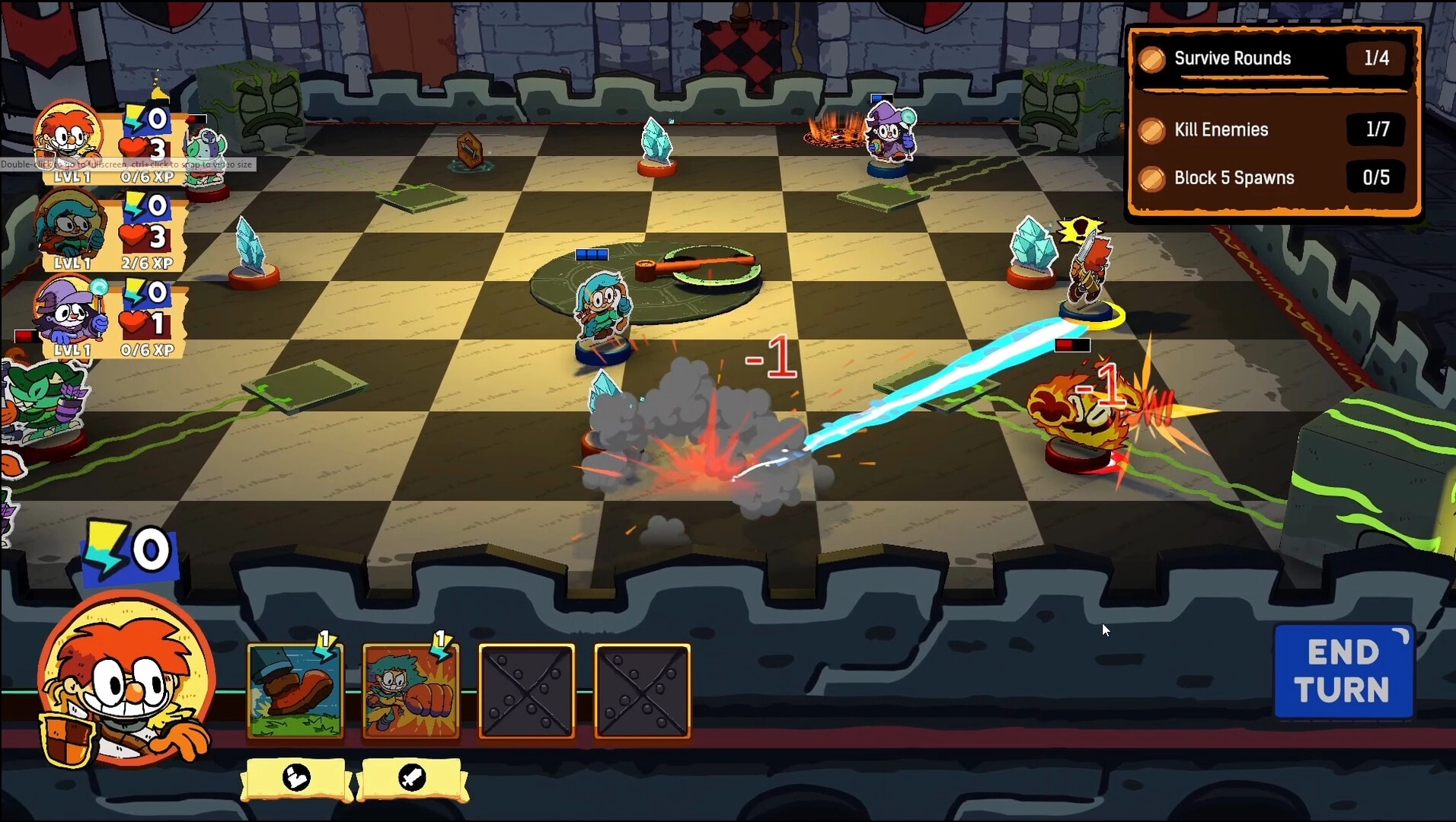 Bounce Castle: Heroes battle on a checkerboard arena with objectives and character stats displayed.