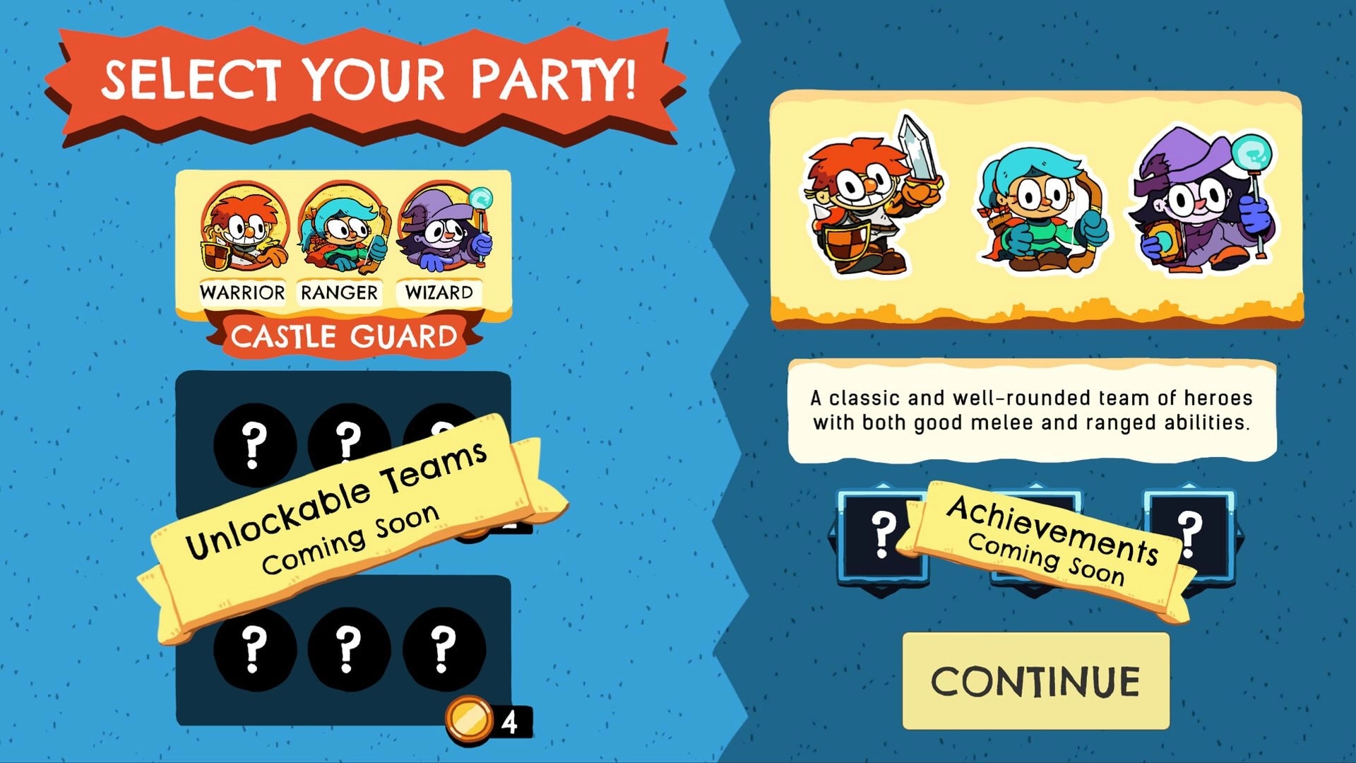 Bounce Castle: Character selection screen with warrior, ranger, wizard options and "Unlockable Teams" notice.
