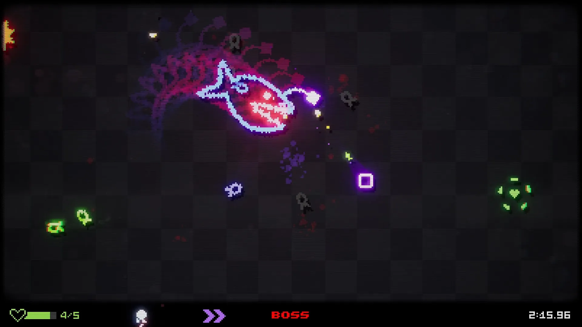 BOUNCE GUN: Player battles neon boss creature in dark grid arena with health and timer displayed.