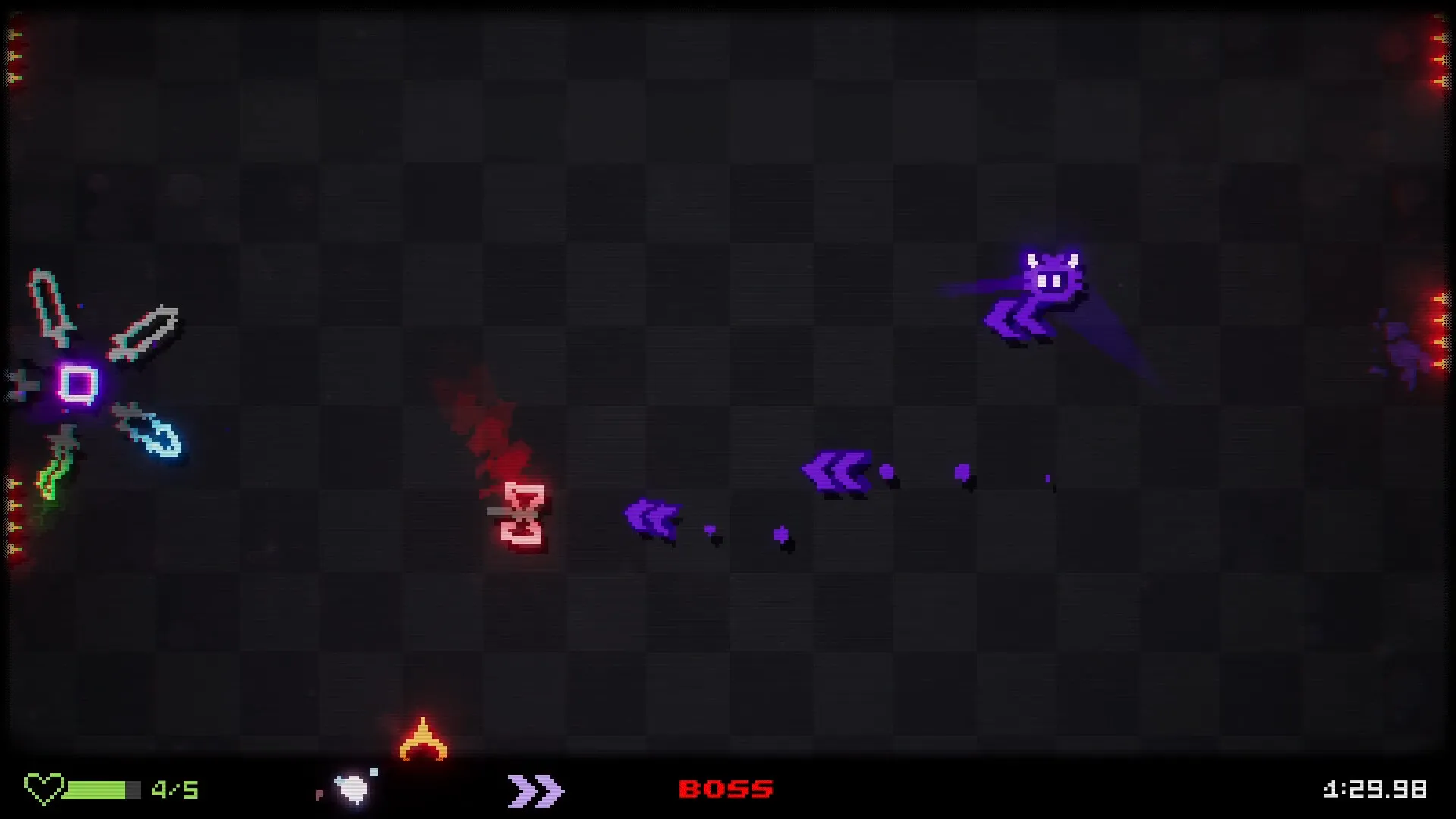BOUNCE GUN: Player dodges purple projectiles in neon boss battle arena with health and timer displayed.