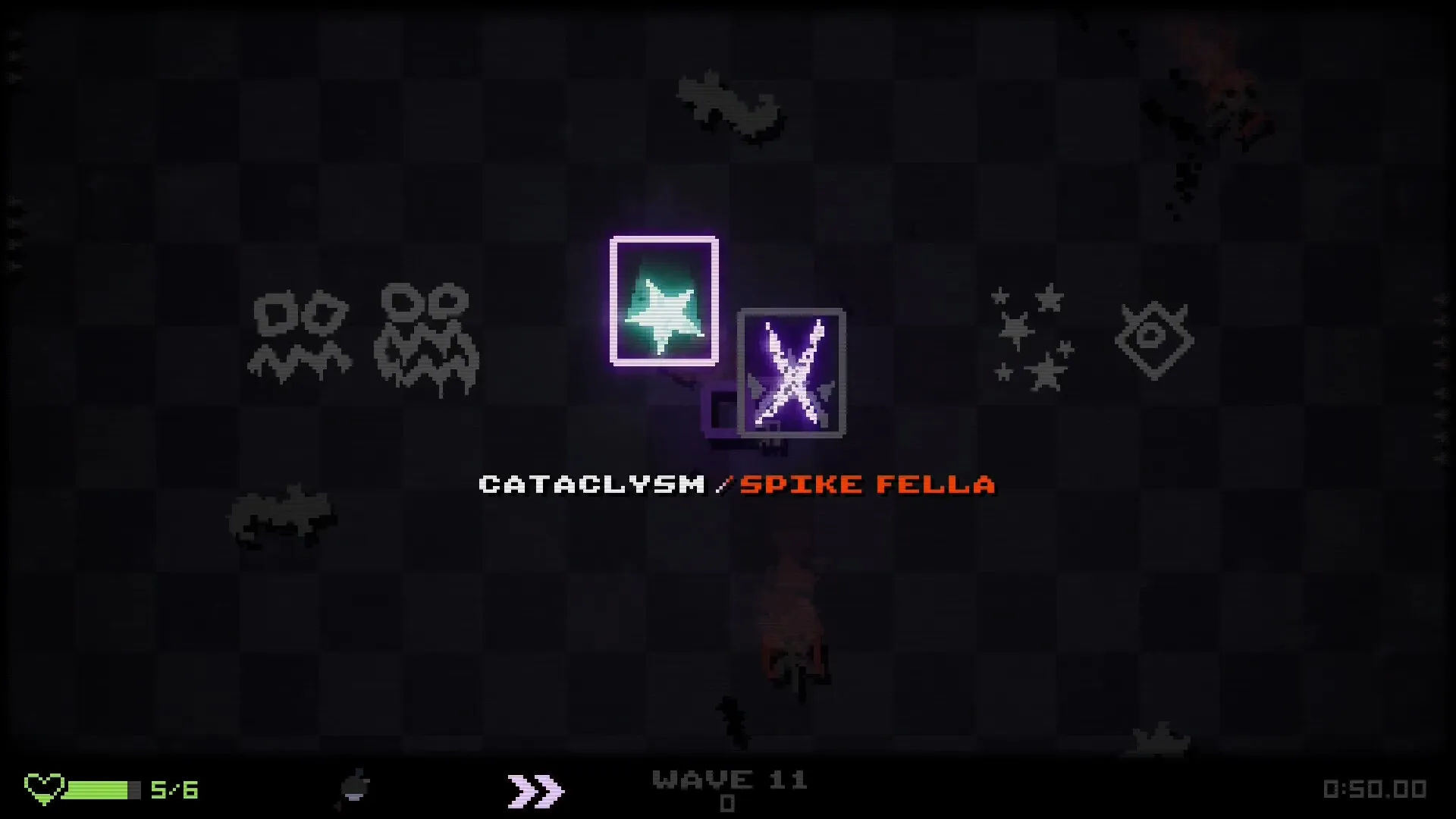 BOUNCE GUN: Cataclysm and Spike Fella card selection on grid arena with wave and health indicators.