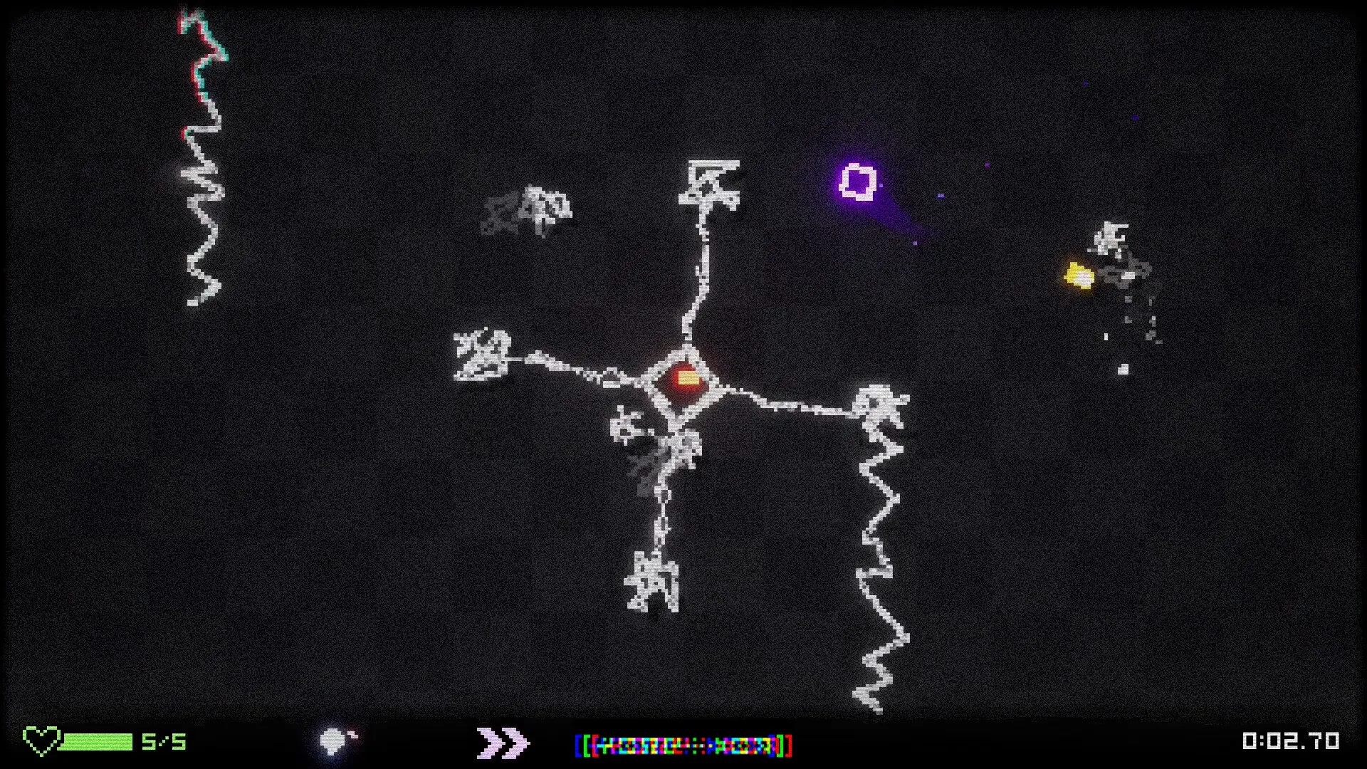BOUNCE GUN: Player dodging projectiles in neon arena with health bar and timer displayed on screen.