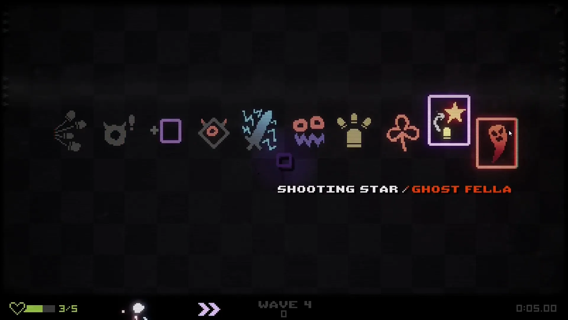 BOUNCE GUN: Item selection screen with icons, "SHOOTING STAR/GHOST FELLA" text, and wave counter.