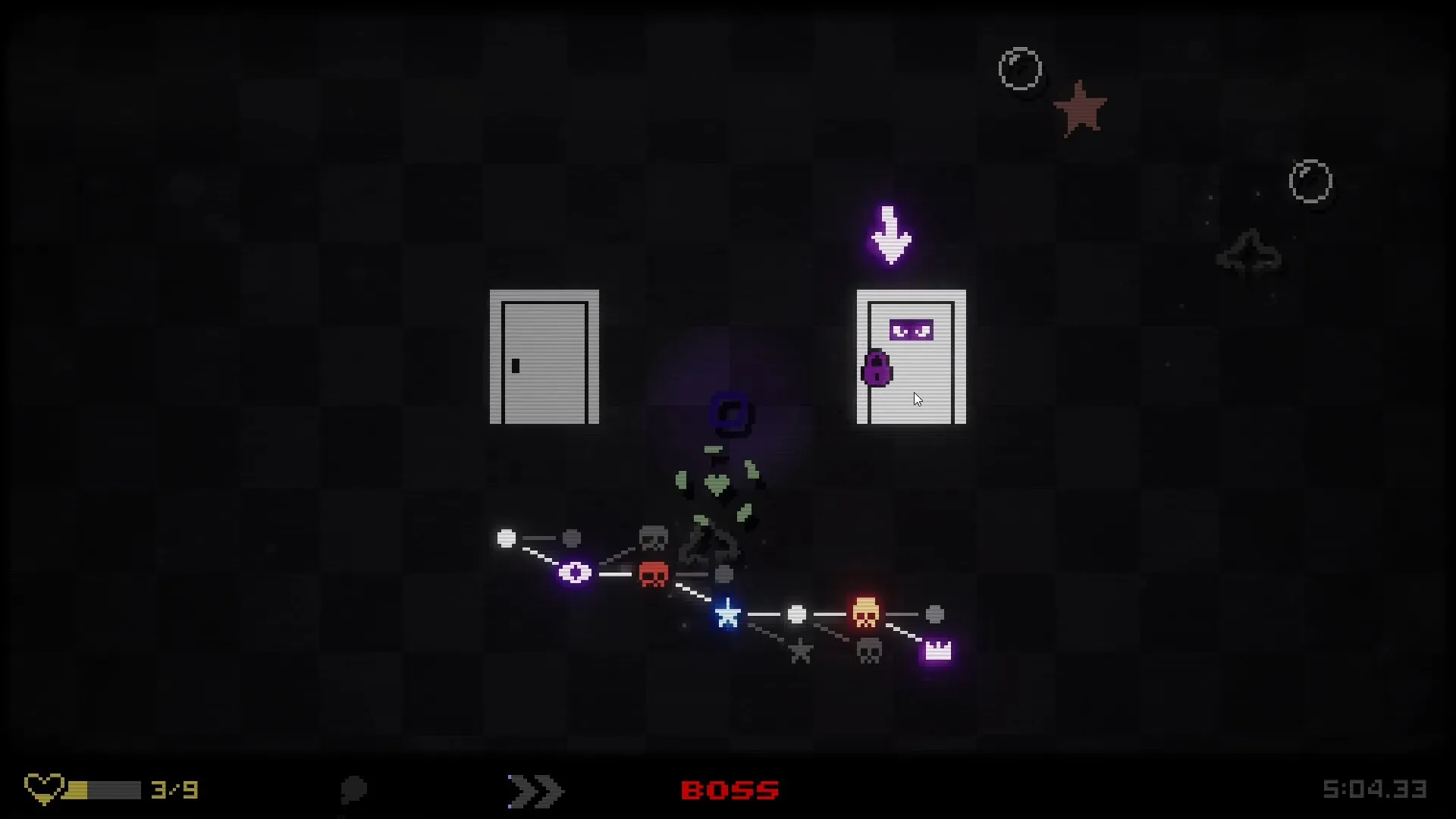 BOUNCE GUN: Player choosing between two doors in a dark room with a boss path displayed below.