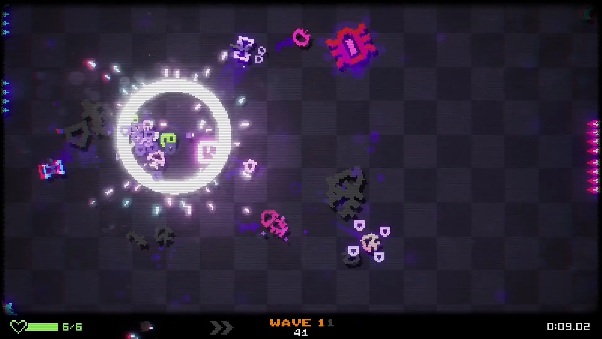BOUNCE GUN: Intense combat with neon enemies on checkered arena, displaying wave and timer UI elements.