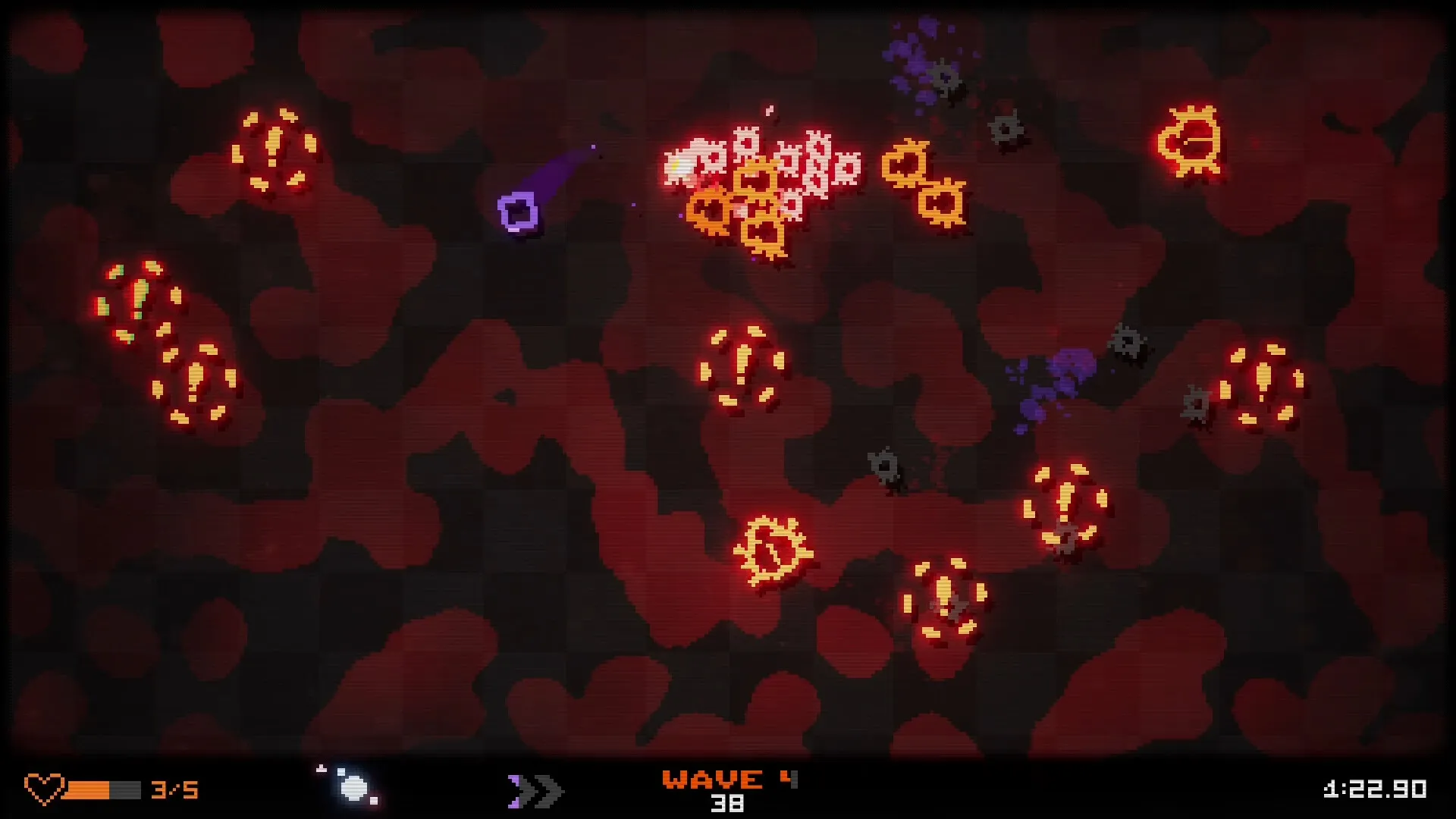 BOUNCE GUN: Player dodges enemies in neon-lit arena during wave 4, UI shows health and timer.
