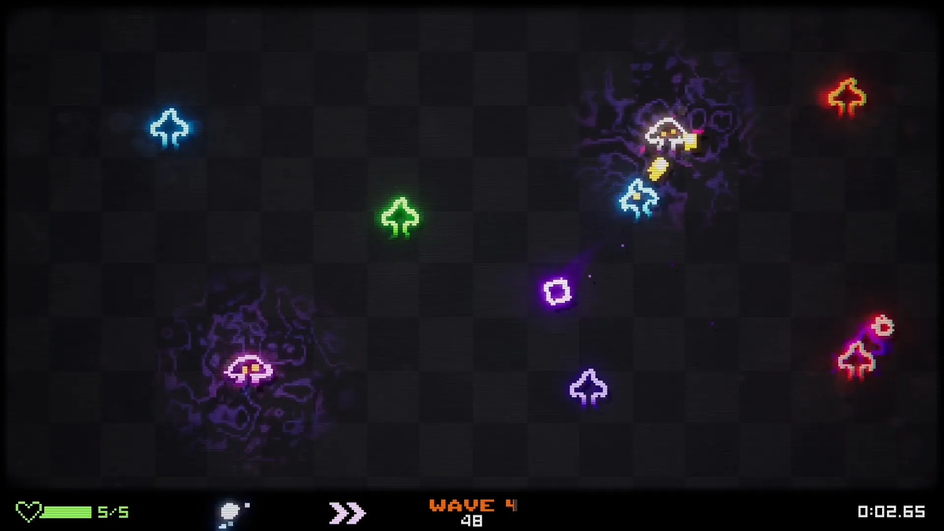 BOUNCE GUN: Player evades colorful enemies in neon arena, health and wave 4 status displayed below.