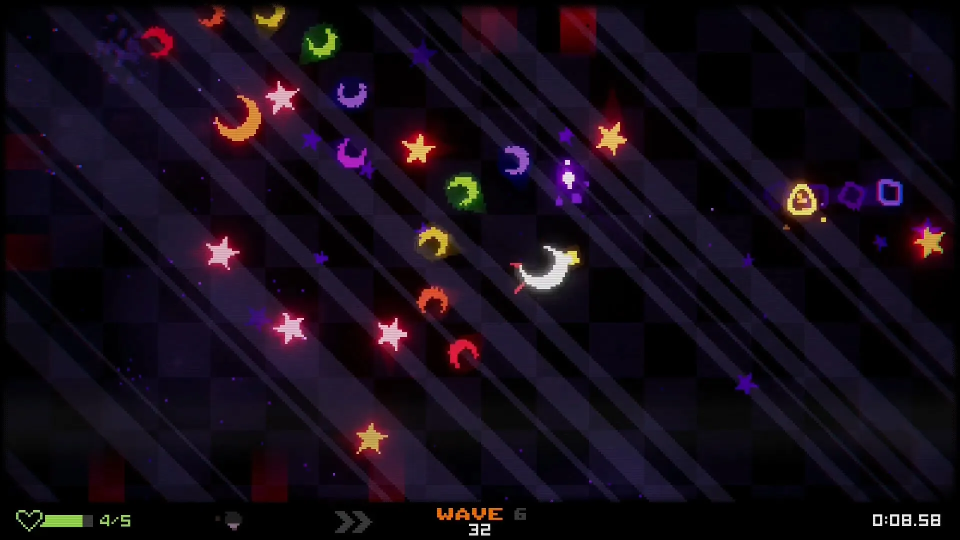 BOUNCE GUN: Neon stars and moons in arcade arena, player health and wave number displayed at bottom