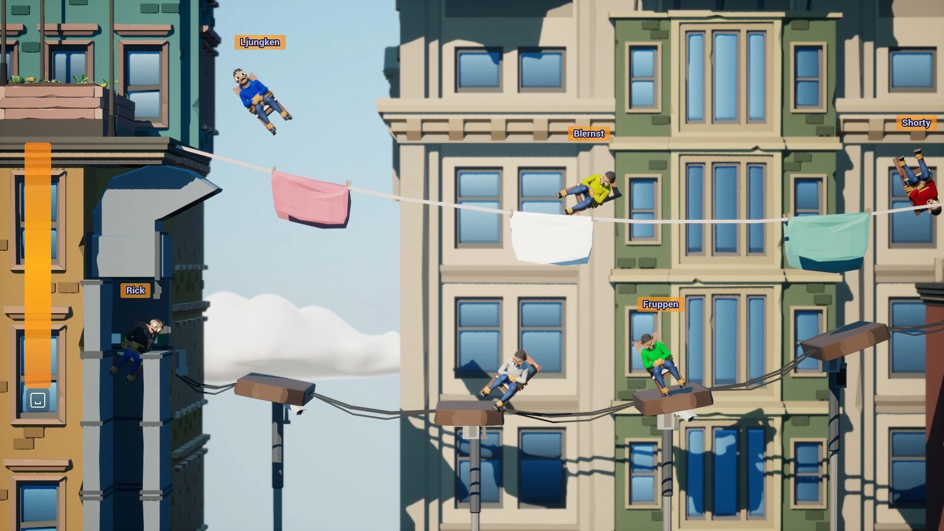 Bound To Fail: Five named players in chairs cling to wires and laundry lines between tall buildings.