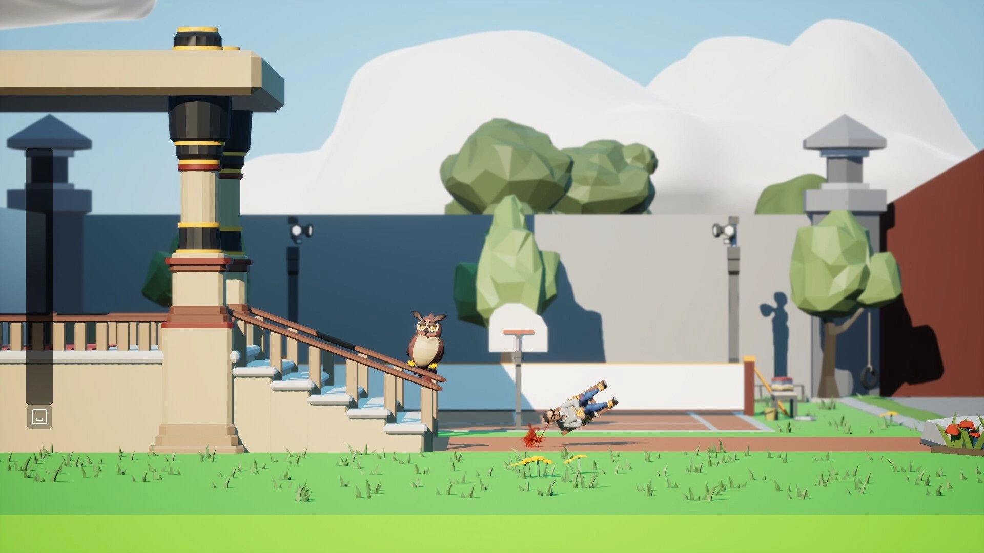 Bound To Fail: Ragdoll player tumbling on grass beside stairs in a courtyard with hoop and owl perch.